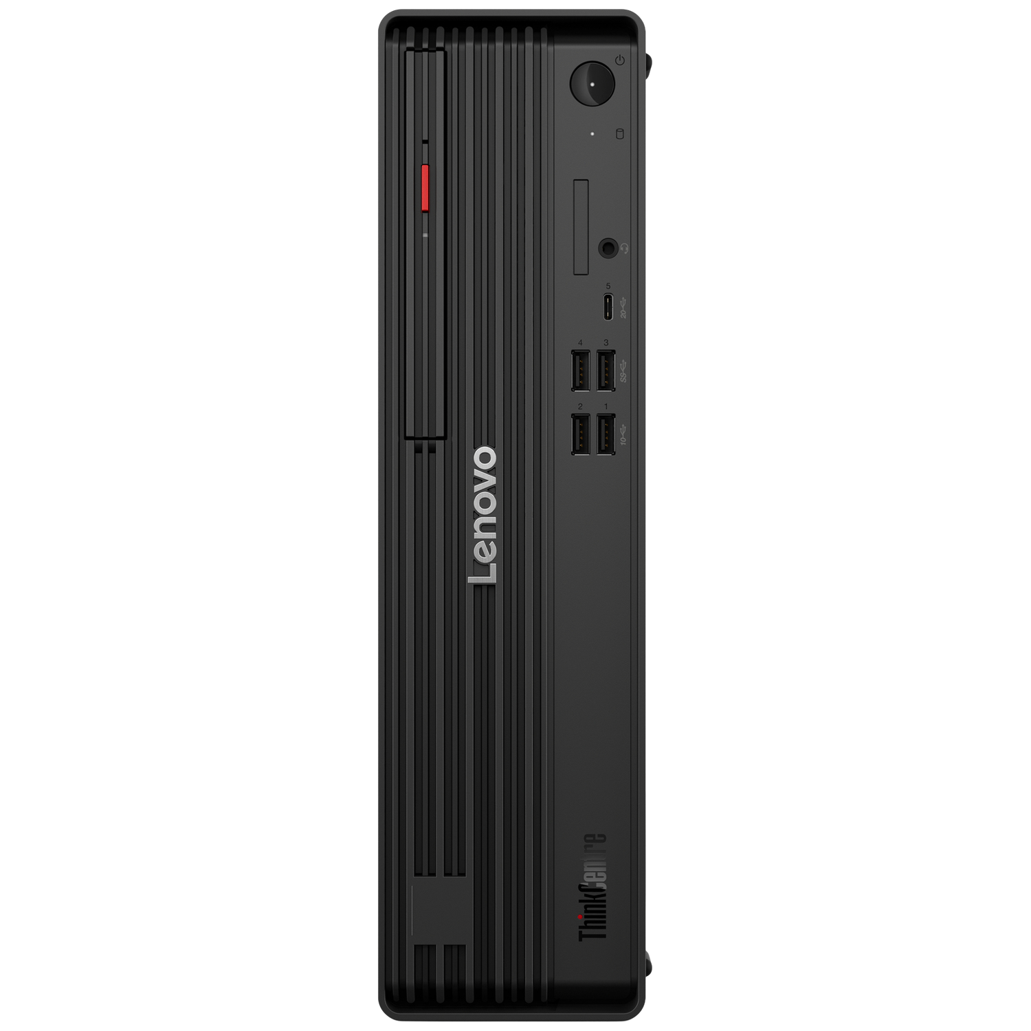 Zwarte Lenovo ThinkCentre PC met verticale groeven en poorten.