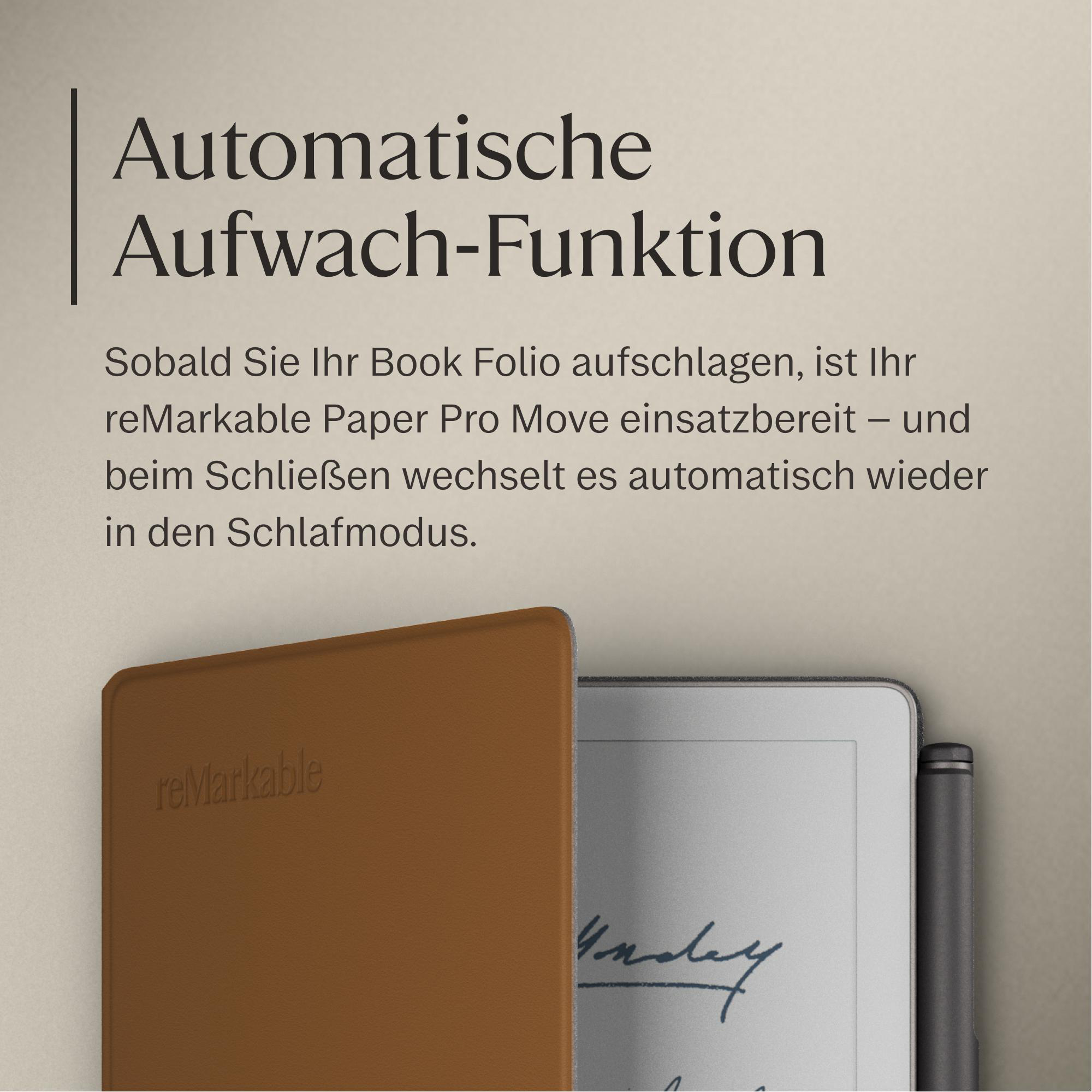 Braunes reMarkable Book Folio und E-Reader mit Stift.