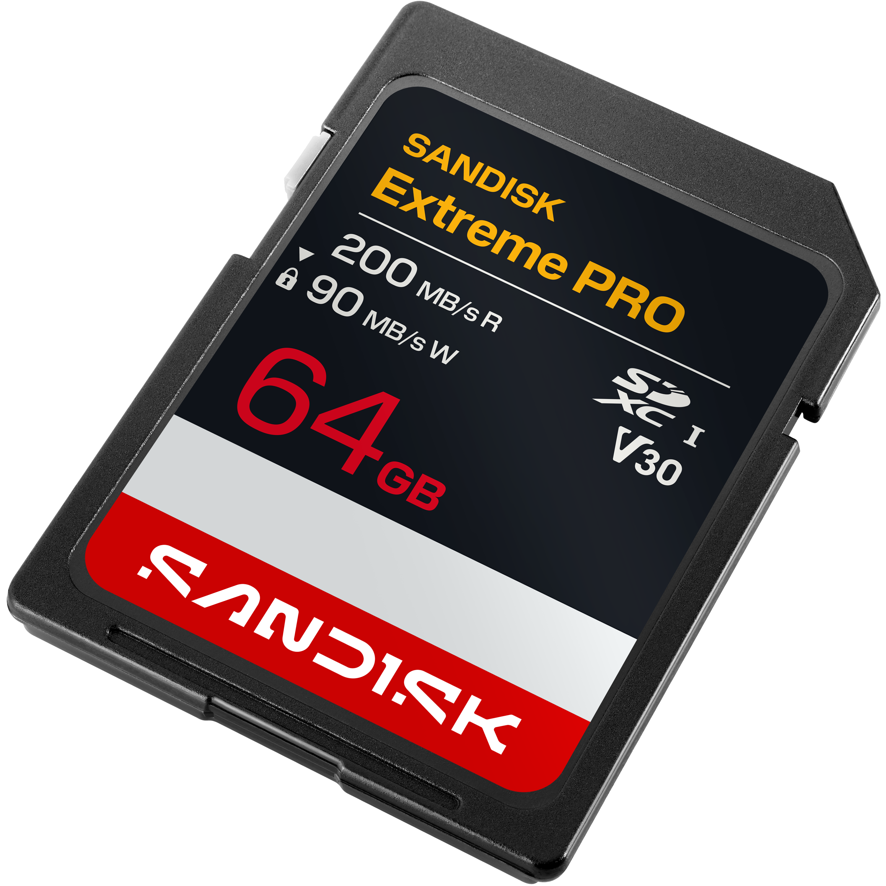 Eine Sandisk Extreme PRO 64GB SDXC Speicherkarte mit schwarzen Gehäuse.
