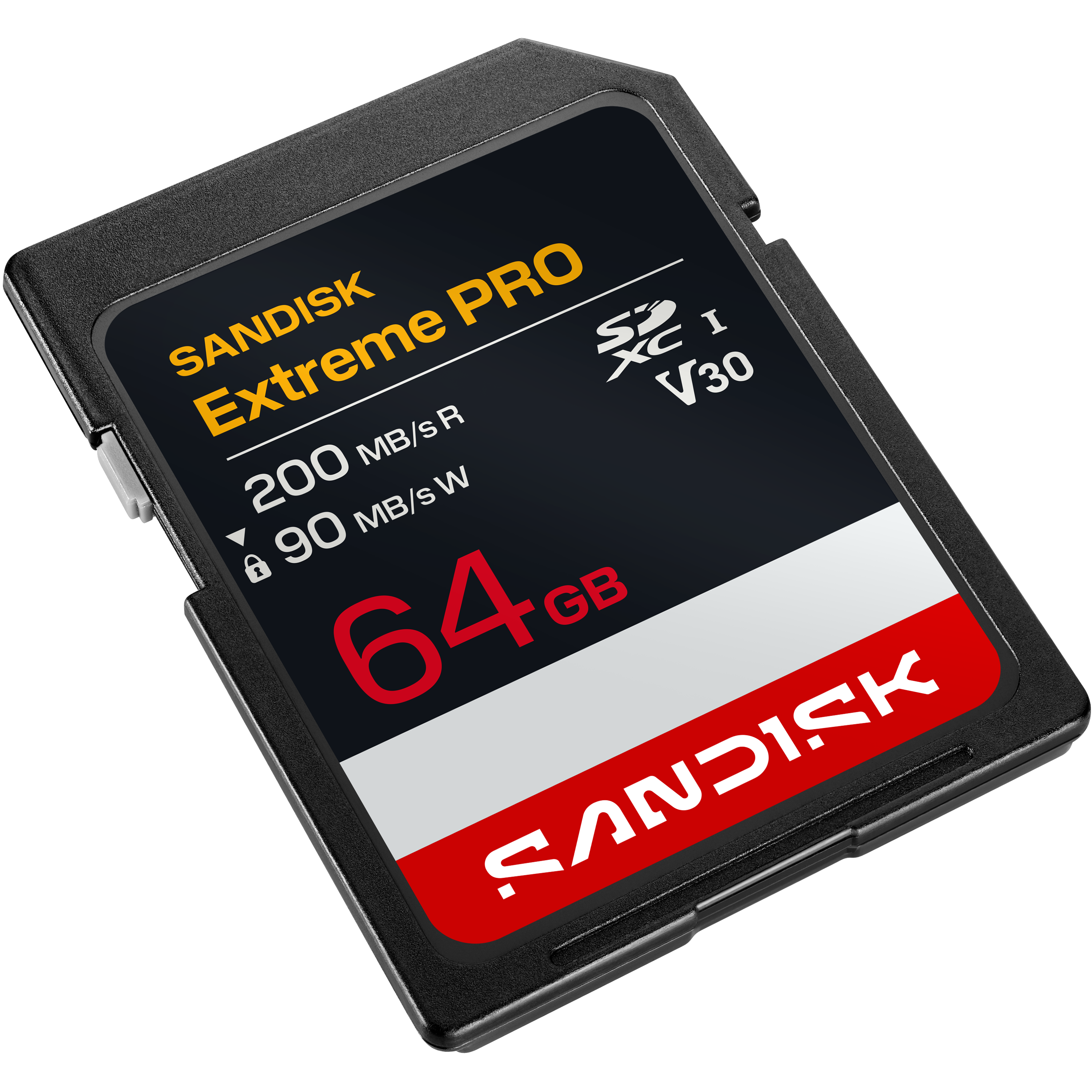 Eine schwarze SD-Karte mit 64 GB, Sandisk Extreme Pro, V30, 200 MB/s Lese.
