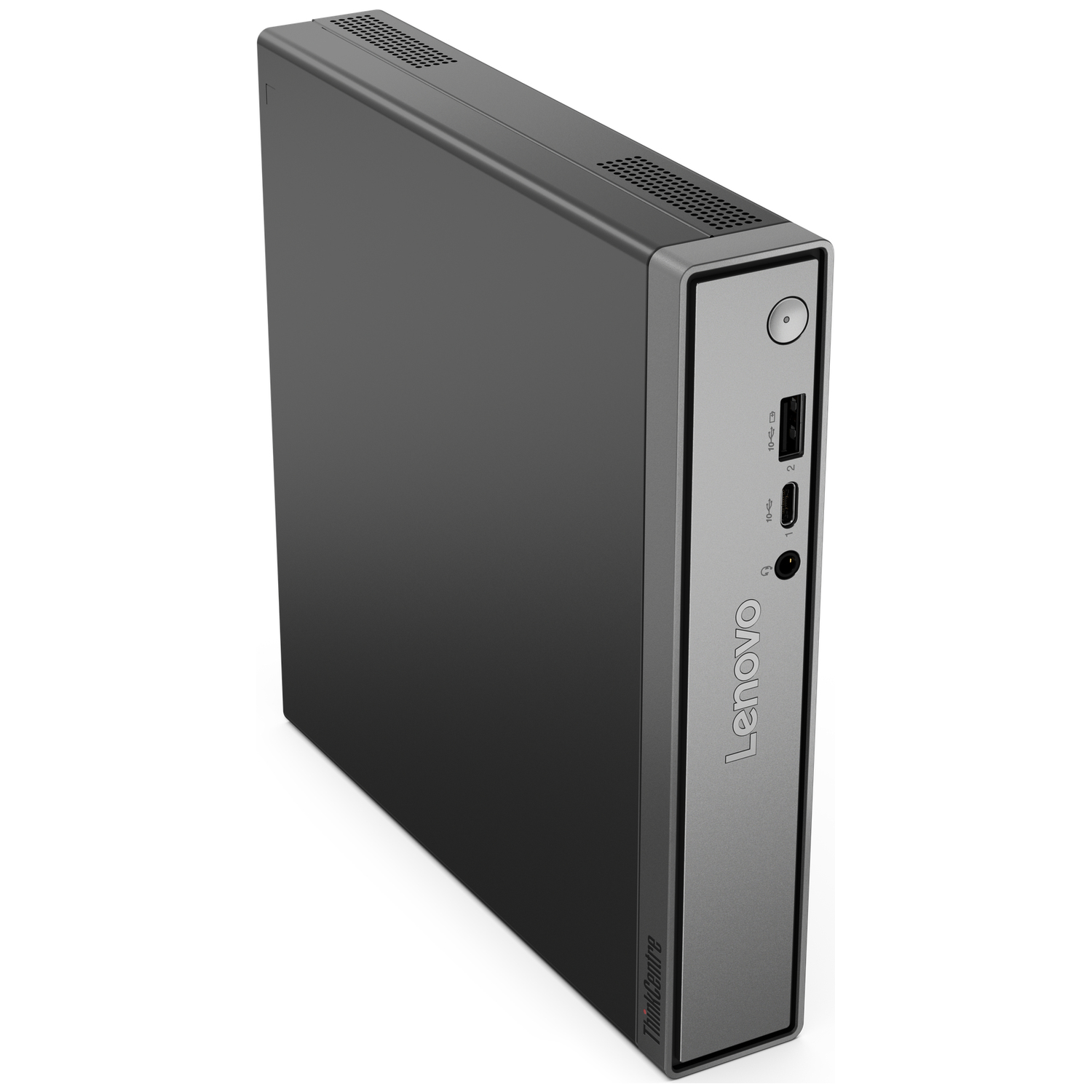 Een slanke, donkere Lenovo ThinkCentre computer met USB-poorten aan de voorkant.