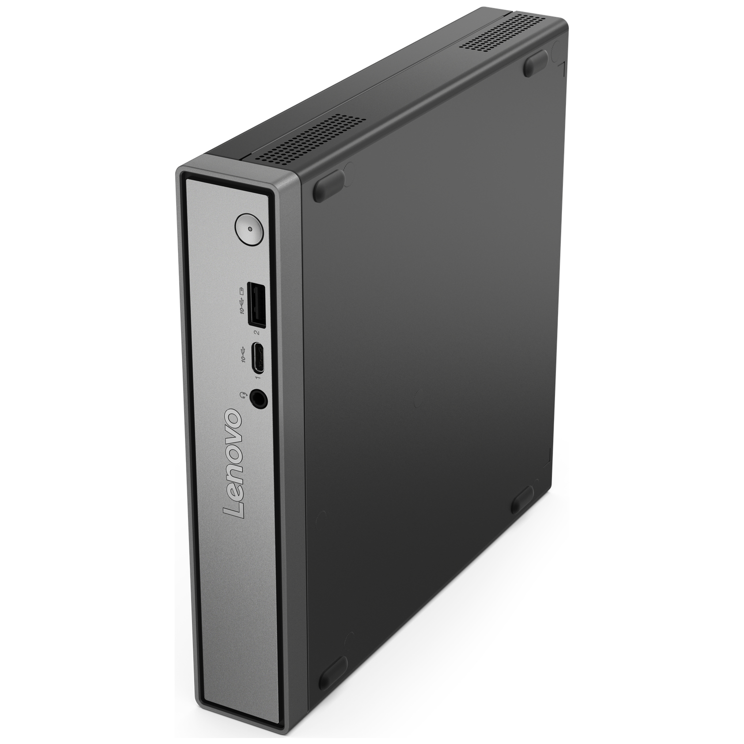 Een zwarte Lenovo mini-pc met een zilverkleurig voorpaneel met poorten en aan/uit-knop.
