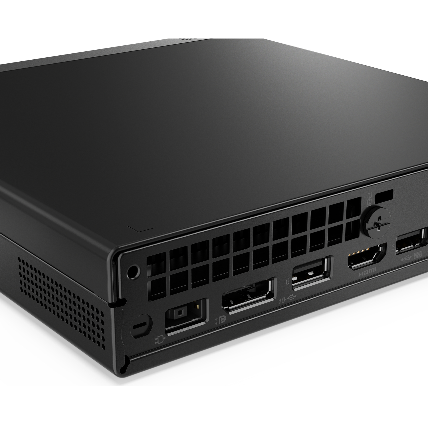 Zwarte mini-pc met ventilatieopeningen en poorten: HDMI, USB.