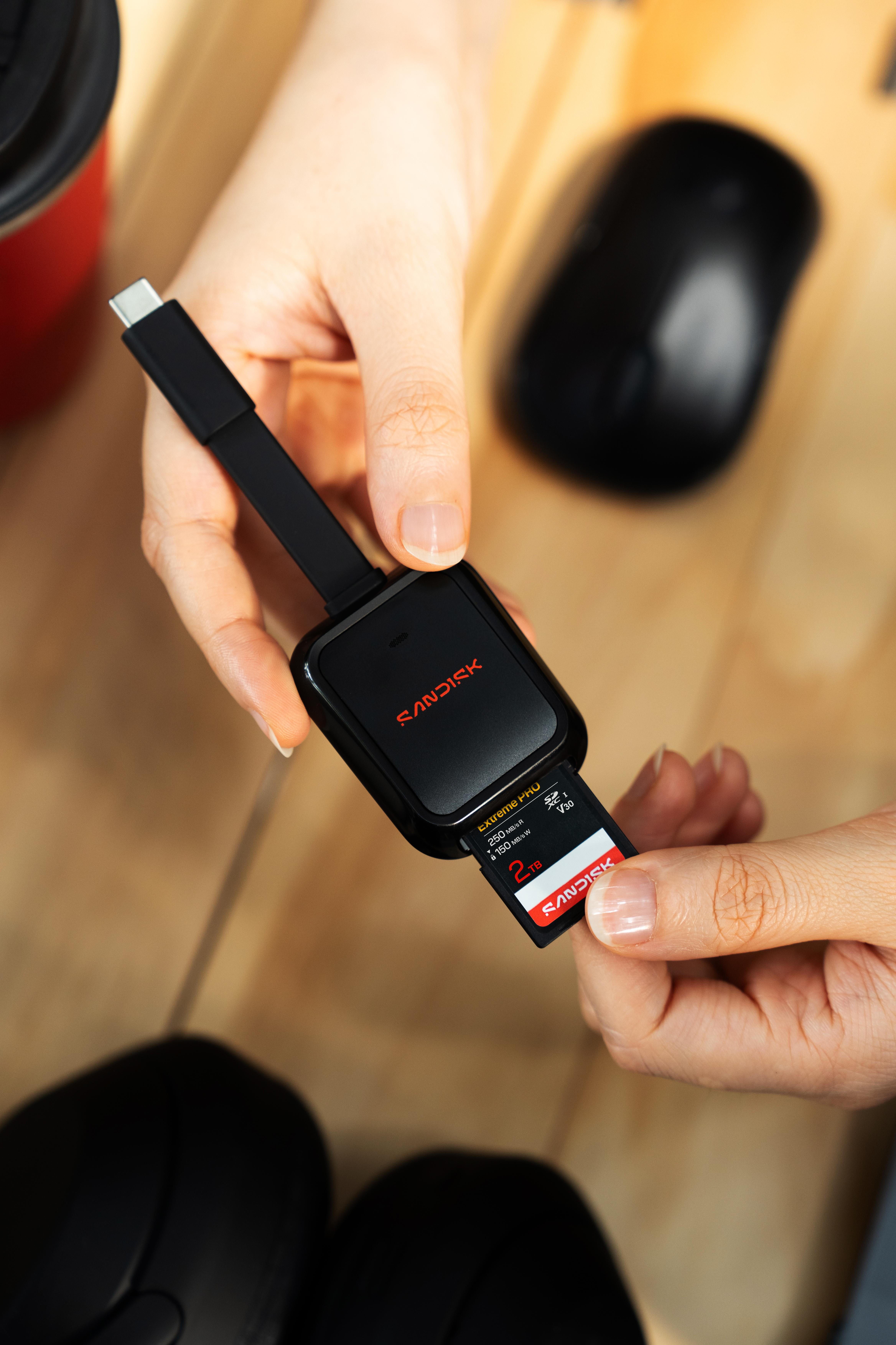 Eine Hand hält eine schwarze SanDisk-Speicherkarte mit 2 TB und einem Kartenleser.