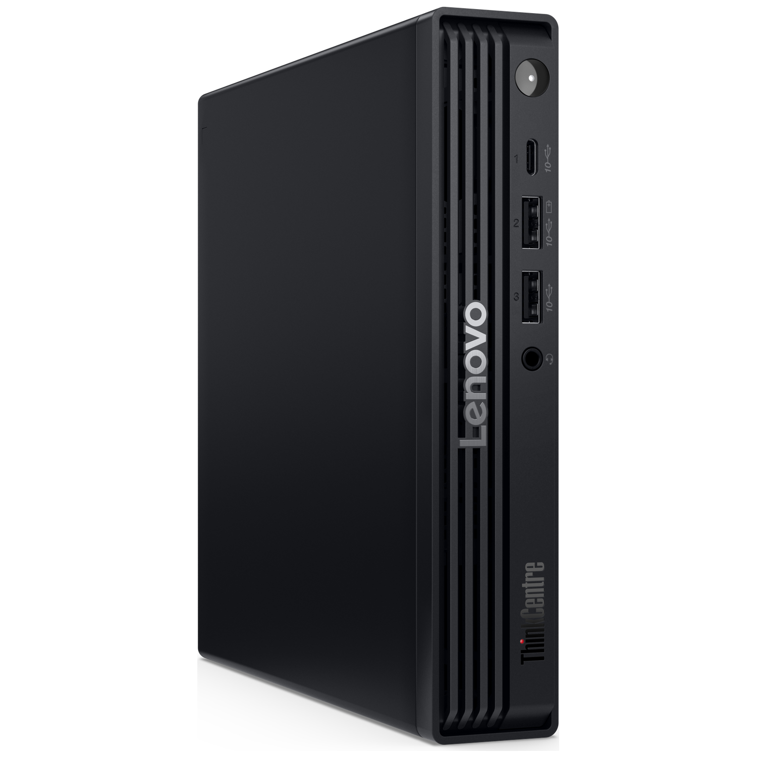 Black Lenovo ThinkCentre PC with front ports and ventilation slots.