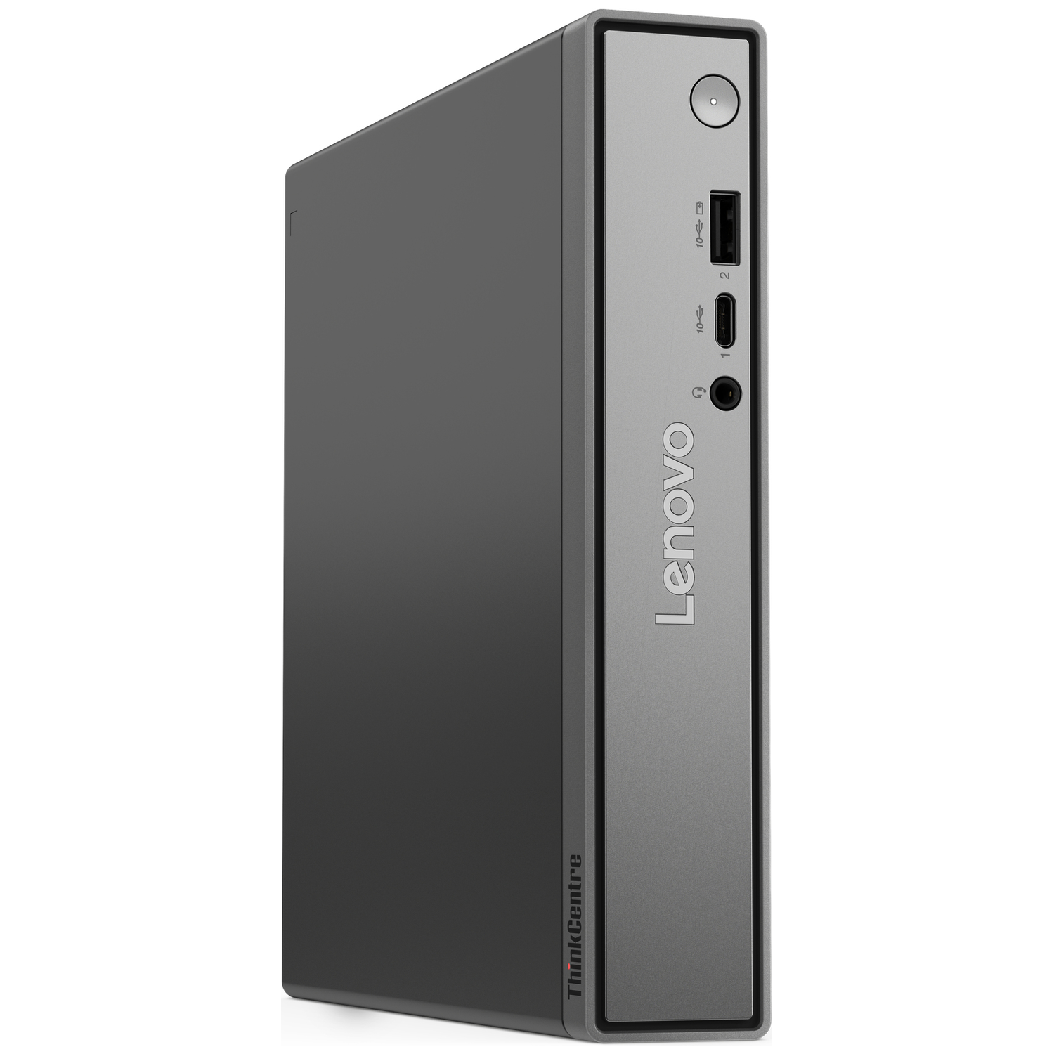 Een grijze Lenovo ThinkCentre mini-pc met poorten en aan/uit-knop.