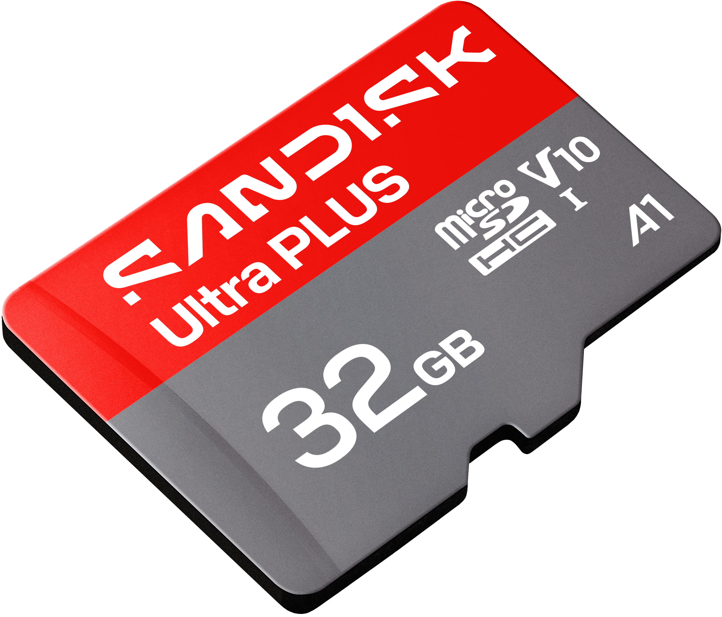 Eine rote und graue 32GB MicroSD-Karte mit der Aufschrift "SanDisk Ultra PLUS".