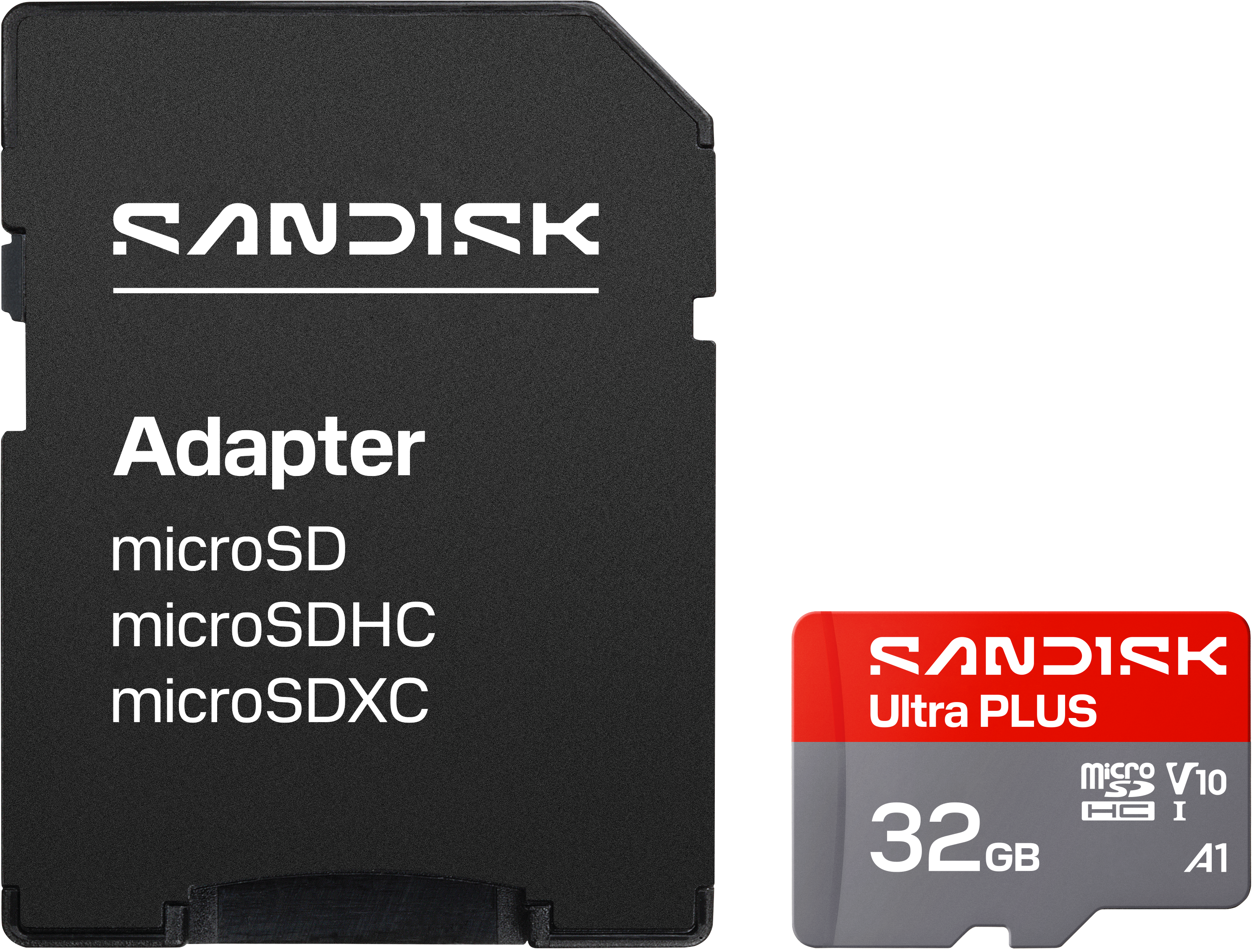 Ein schwarzer Adapter und eine rote/graue 32GB microSDXC-Karte von SanDisk.