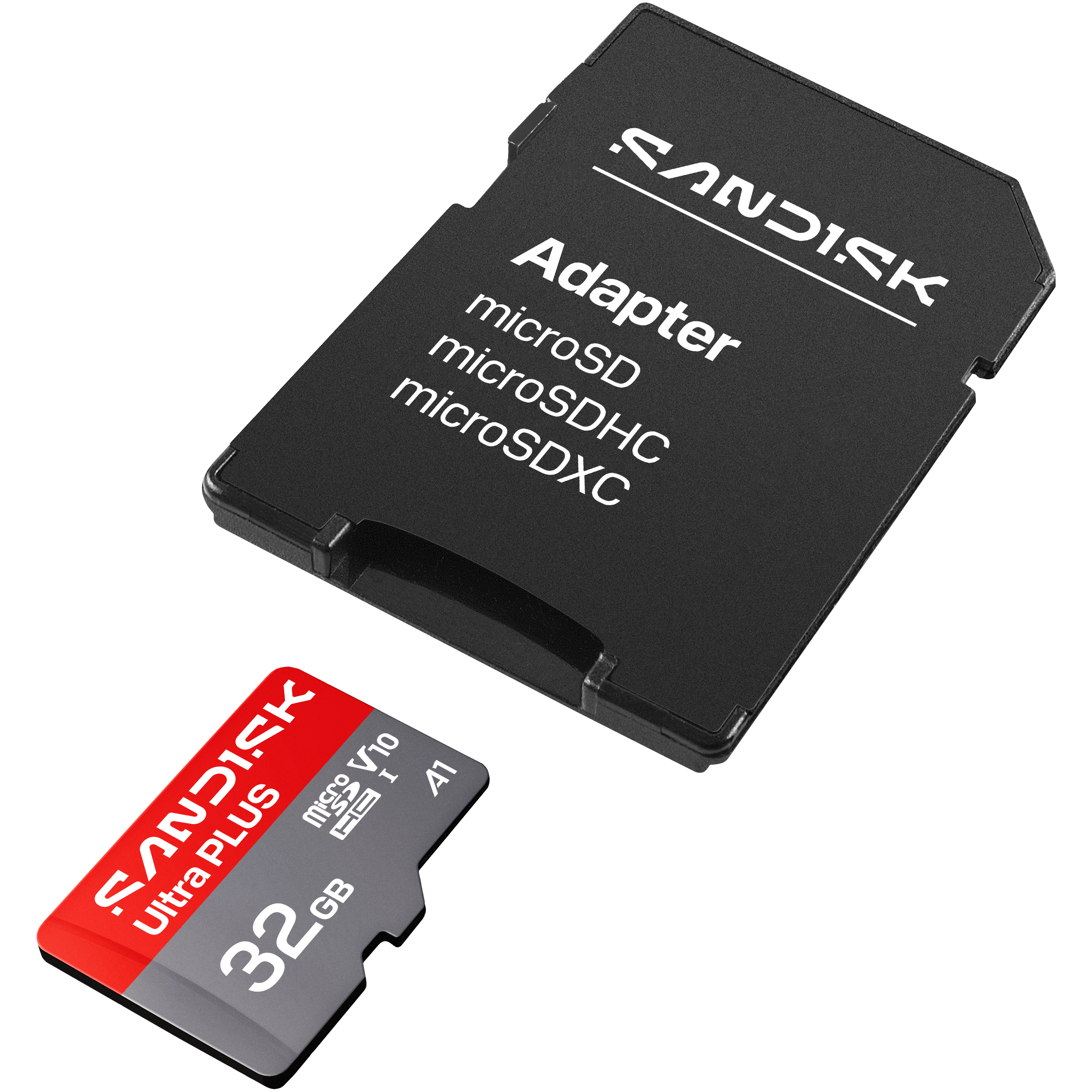 Eine Sandisk 32GB MicroSD-Karte und ein Adapter liegen auf schwarzem Hintergrund.