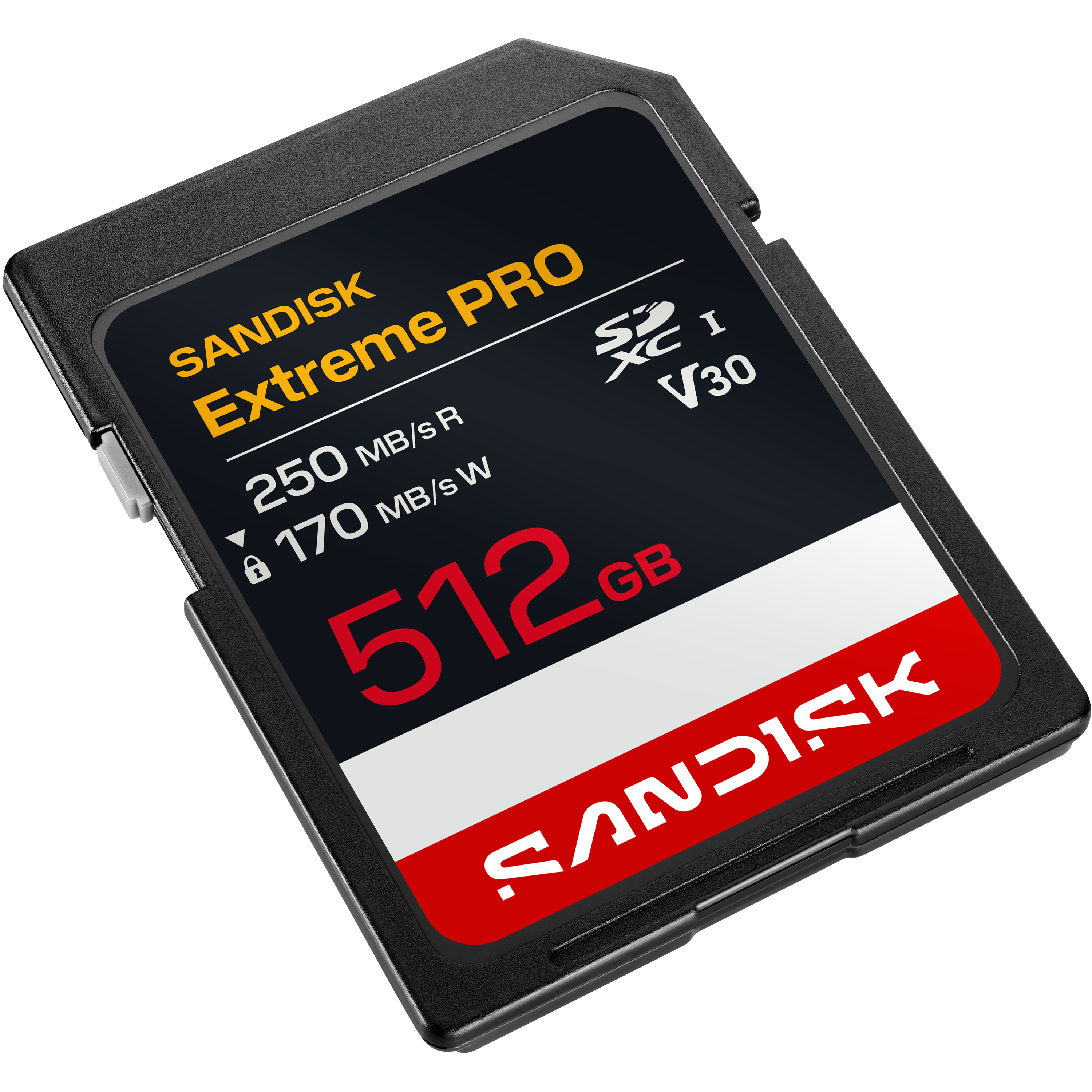 SanDisk Extreme PRO 512GB SDXC Speicherkarte mit V30-Bewertung.