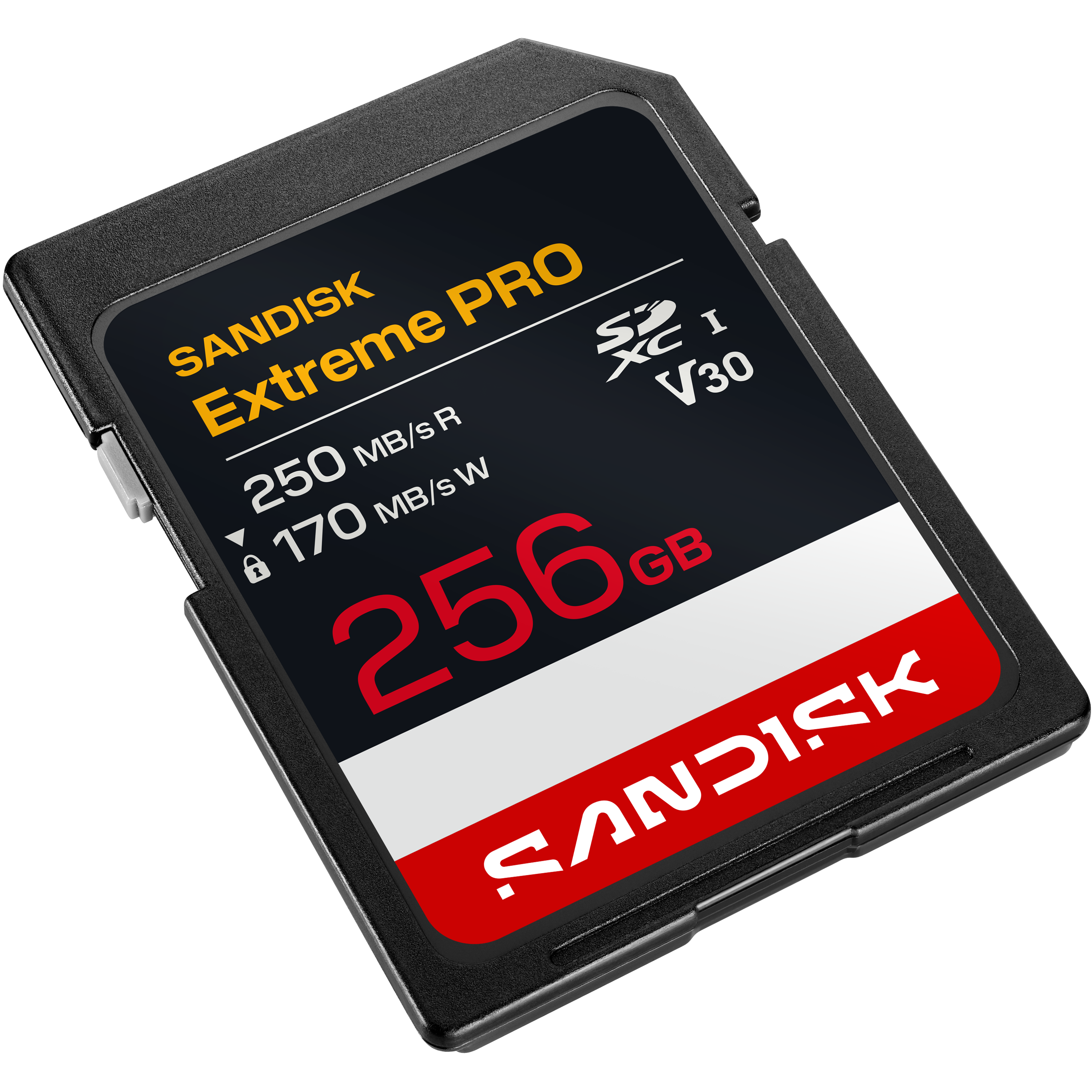 Sandisk Extreme Pro 256GB SDXC Speicherkarte mit V30-Geschwindigkeit.