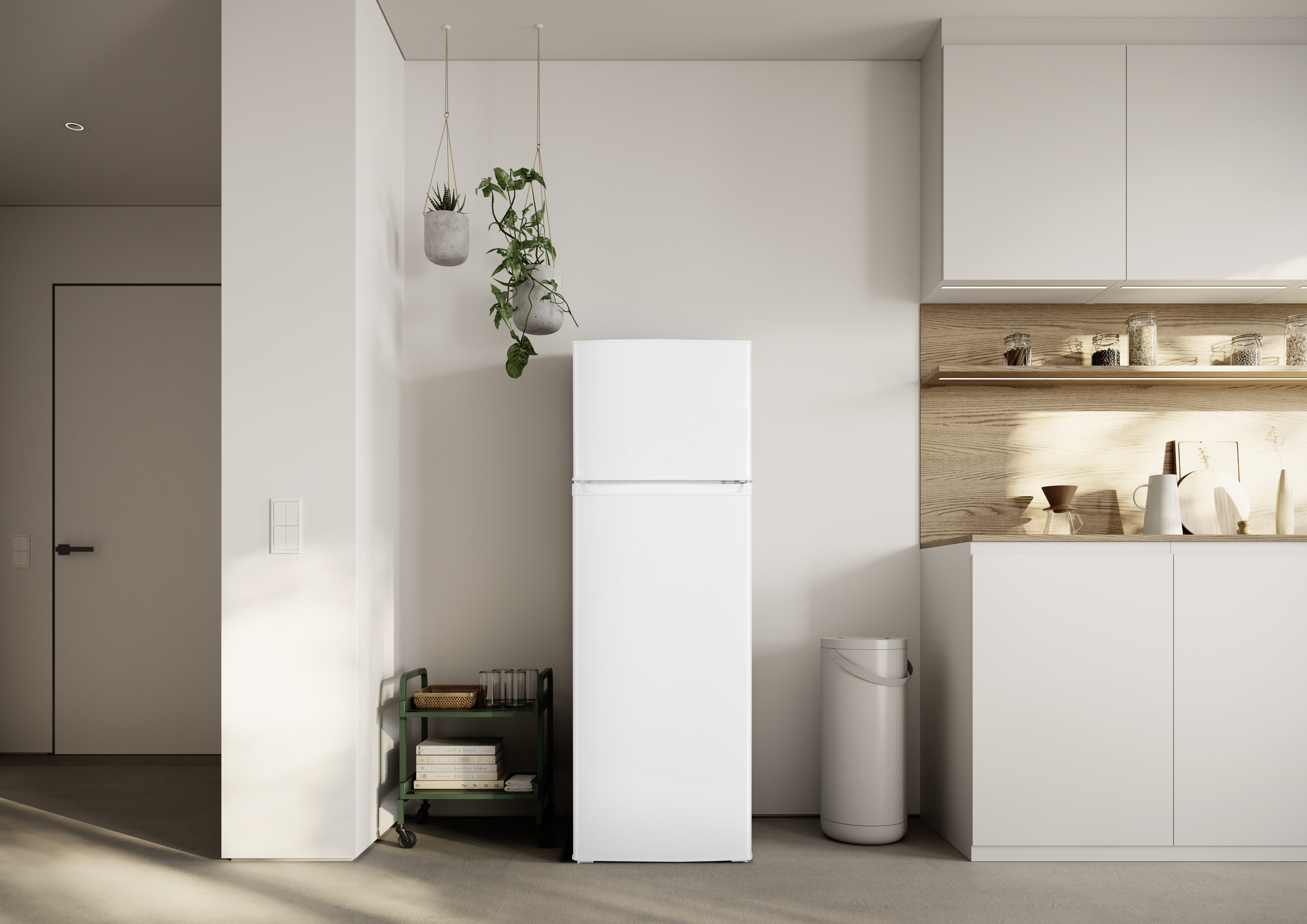 Cocina blanca con refrigerador, plantas colgantes y estante de madera.