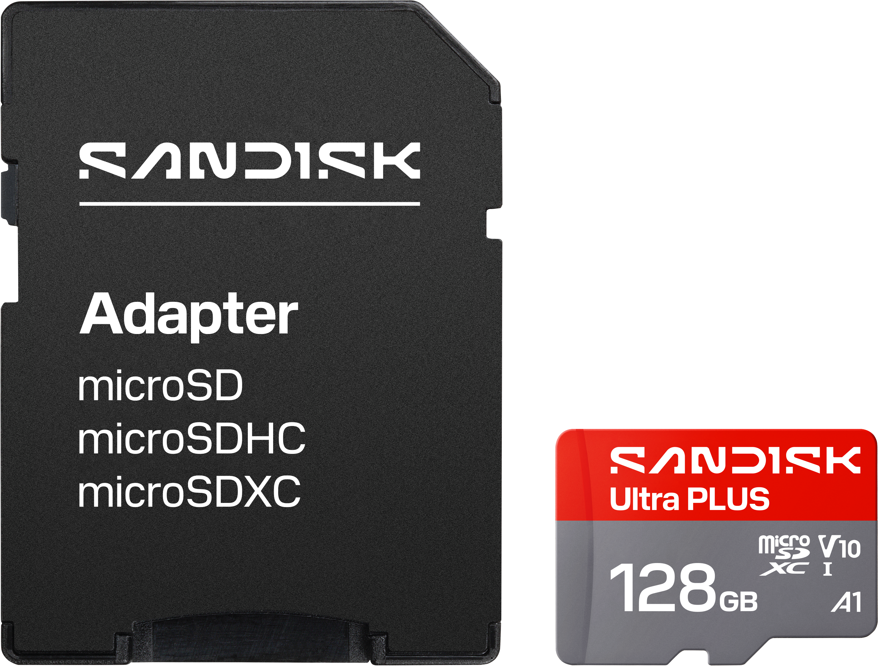 Ein Sandisk SD-Adapter und eine 128 GB MicroSD-Karte liegen nebeneinander.