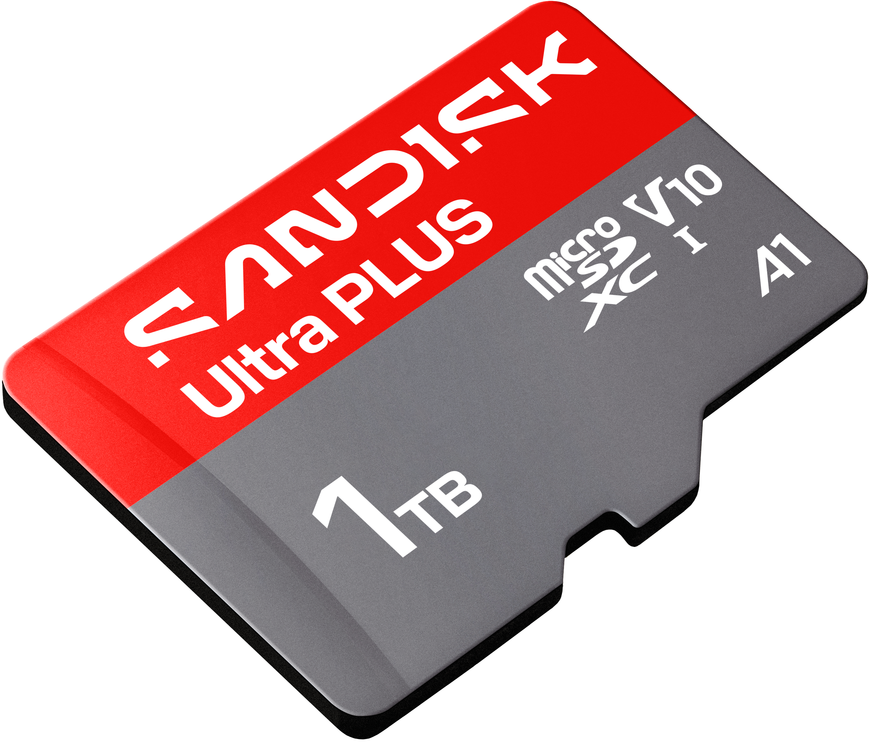 Eine rote und graue 1TB SanDisk Ultra Plus microSDXC Speicherkarte.
