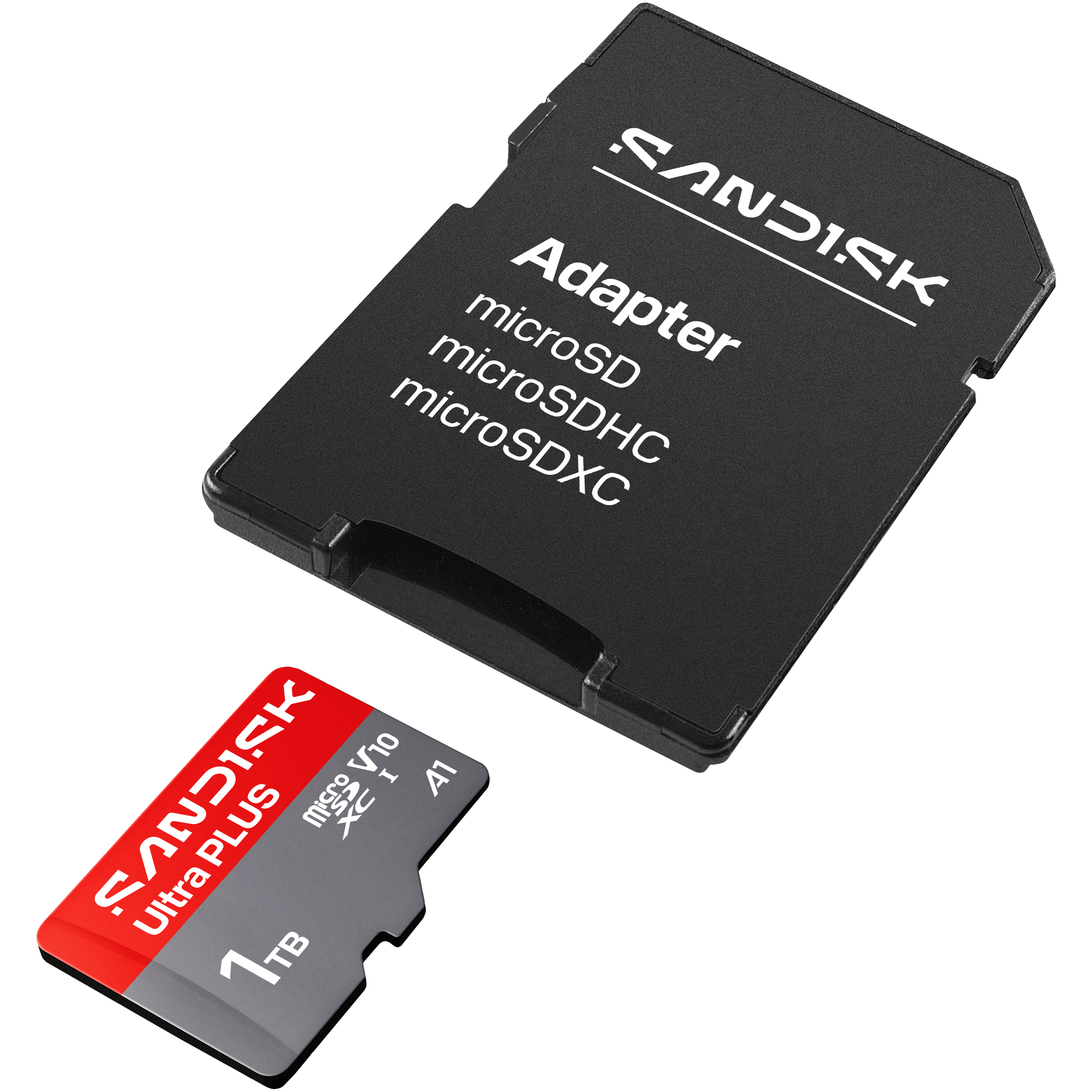 Ein schwarzer Adapter für microSD-Karten liegt neben einer roten und grauen 1TB microSD-Karte.