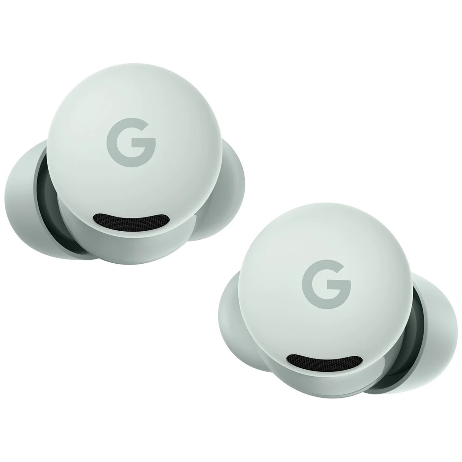 Twee witte Google Pixel oordopjes met grijs G-logo op witte achtergrond.