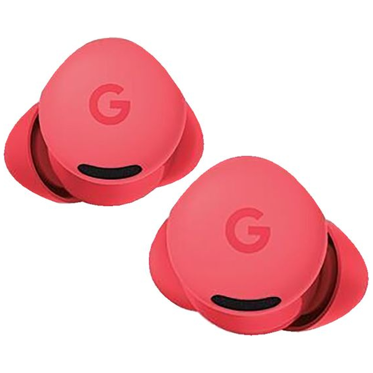 Deux écouteurs Google Pixel corail avec logo "G" et capteur noir.