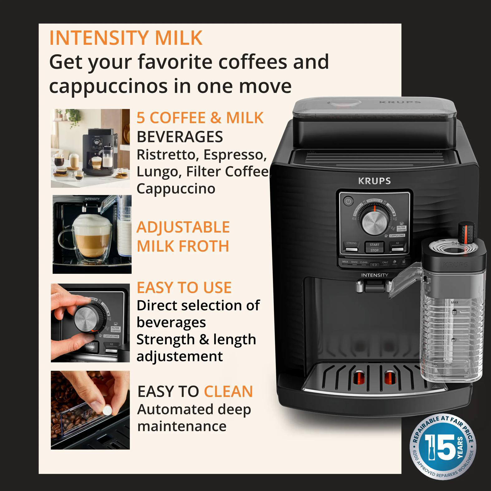 Eine schwarze Krups Kaffeemaschine mit Milchbehälter und Bedienelementen.