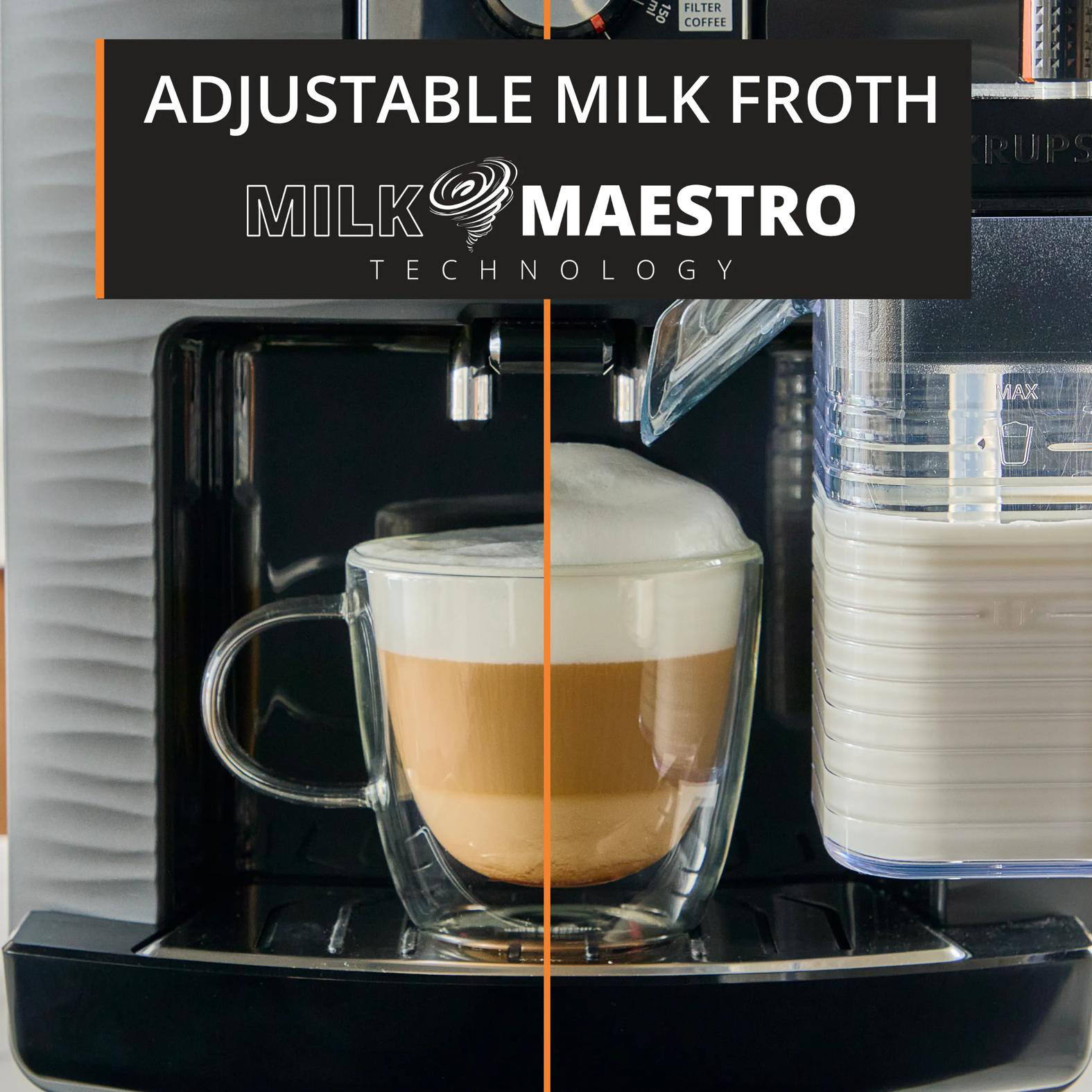 Kaffeemaschine mit Milchbehälter und einem Glas Latte Macchiato mit Schaum.