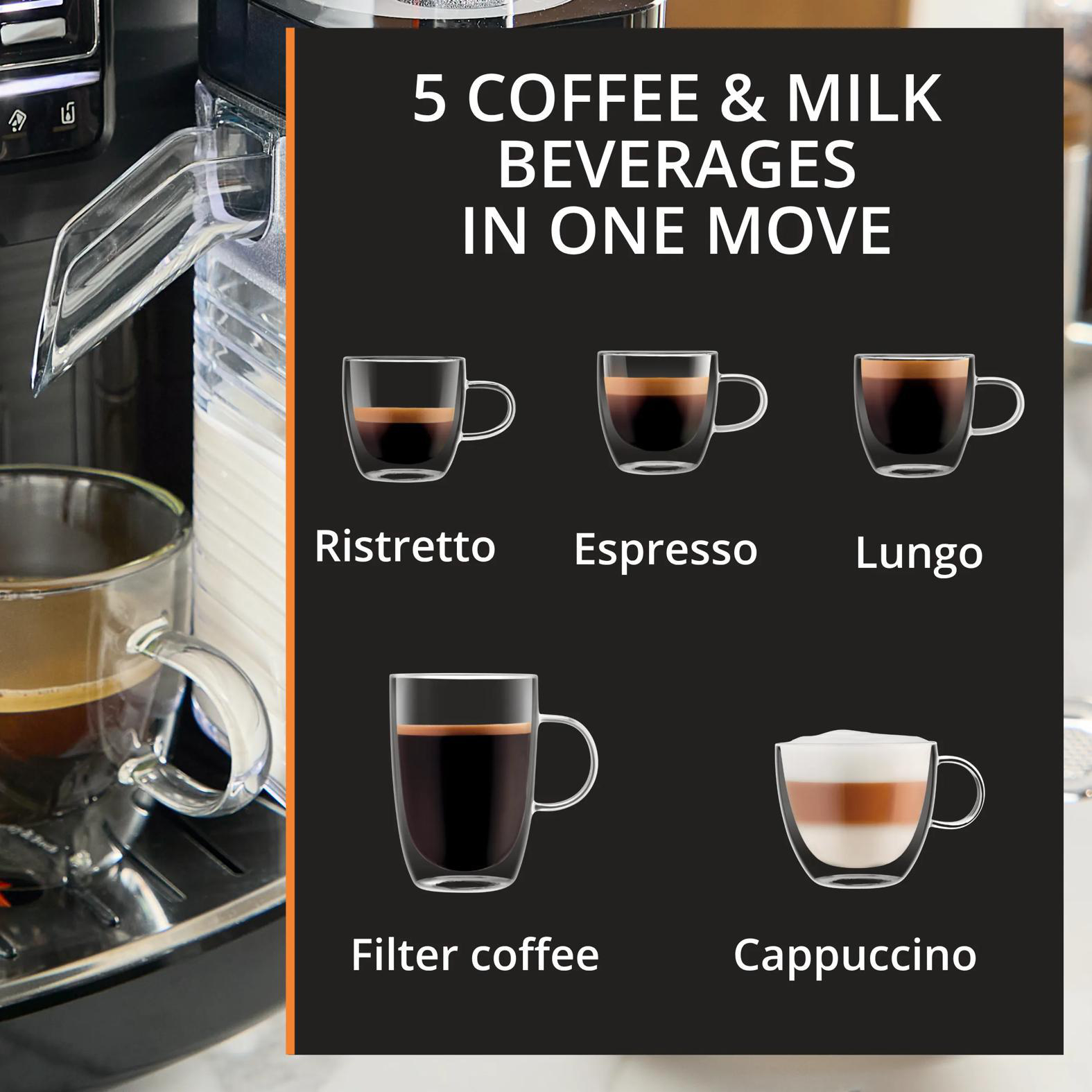 Kaffeemaschine mit 5 Getränken: Ristretto, Espresso, Lungo, Filterkaffee, Cappuccino.