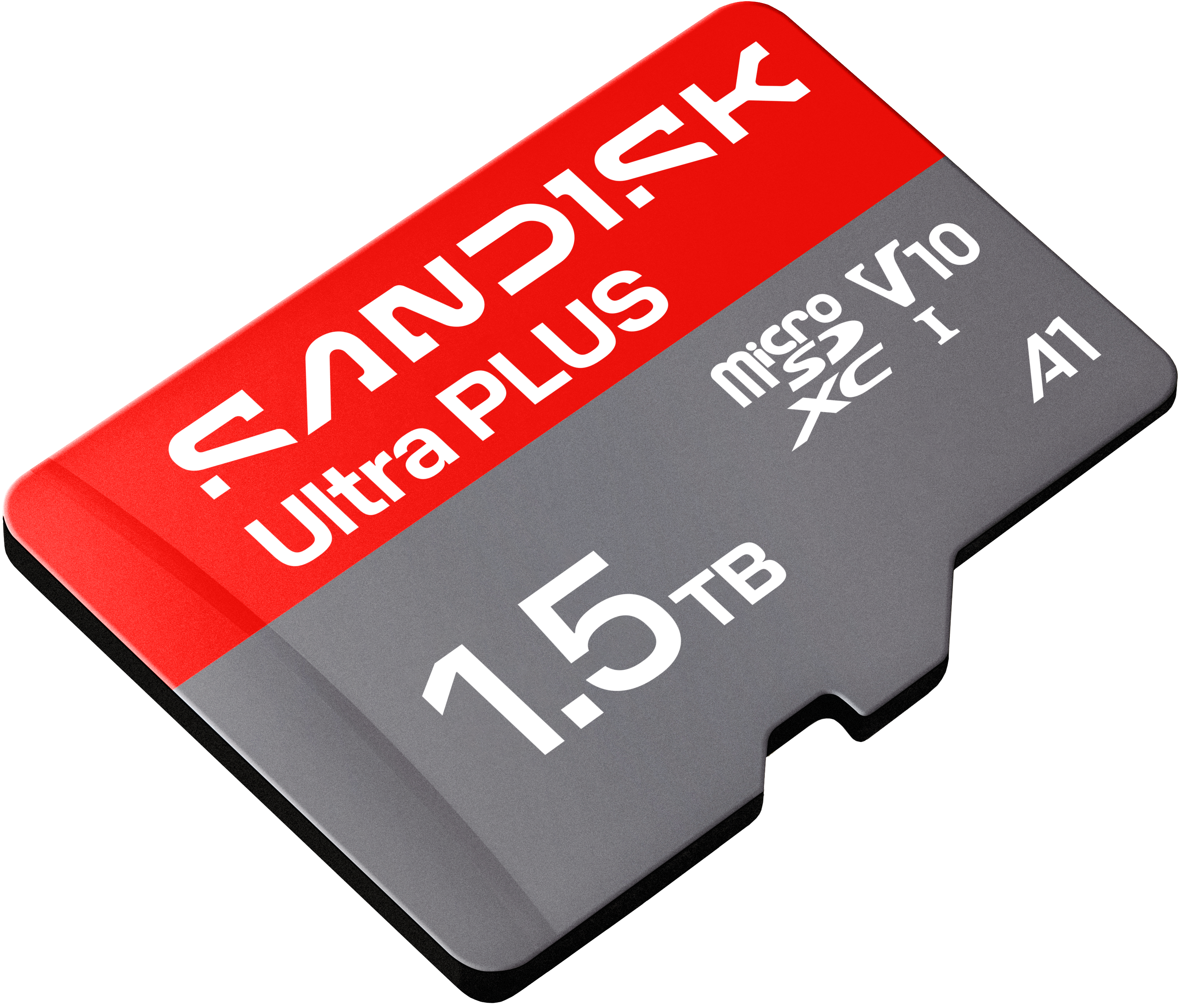 Eine rote und graue MicroSD-Karte mit 1,5 TB Speicherkapazität.