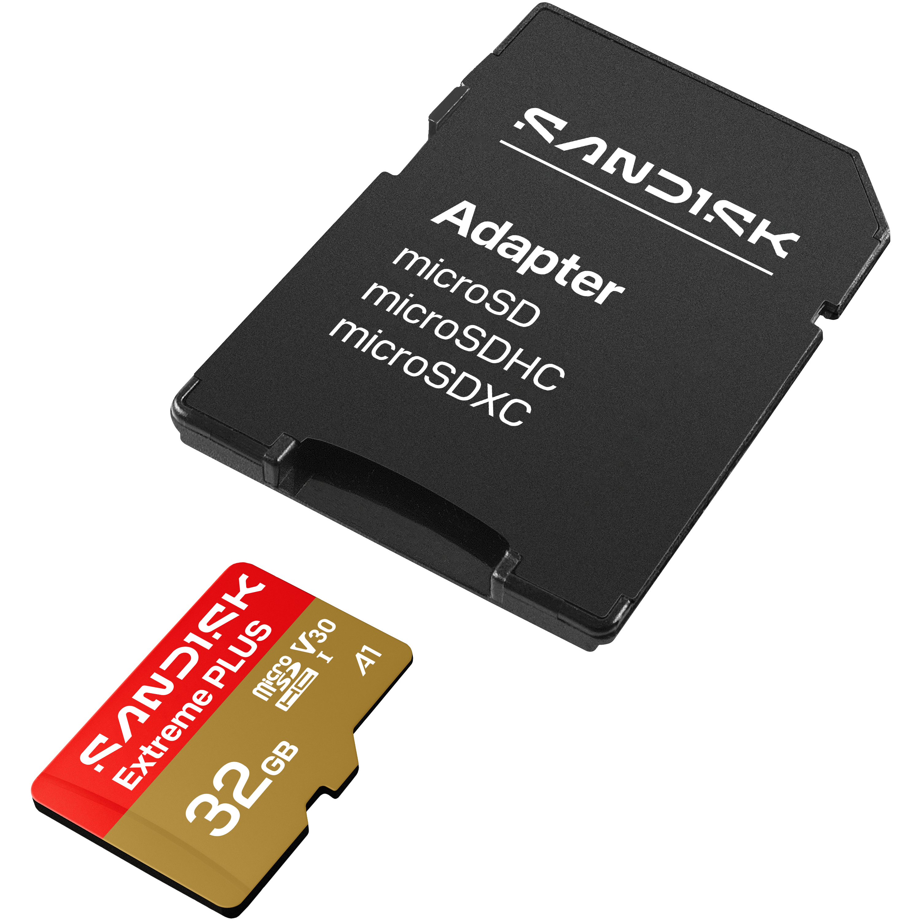 Ein schwarzer SD-Kartenadapter und eine goldene 32GB microSDXC-Karte von Sandisk.