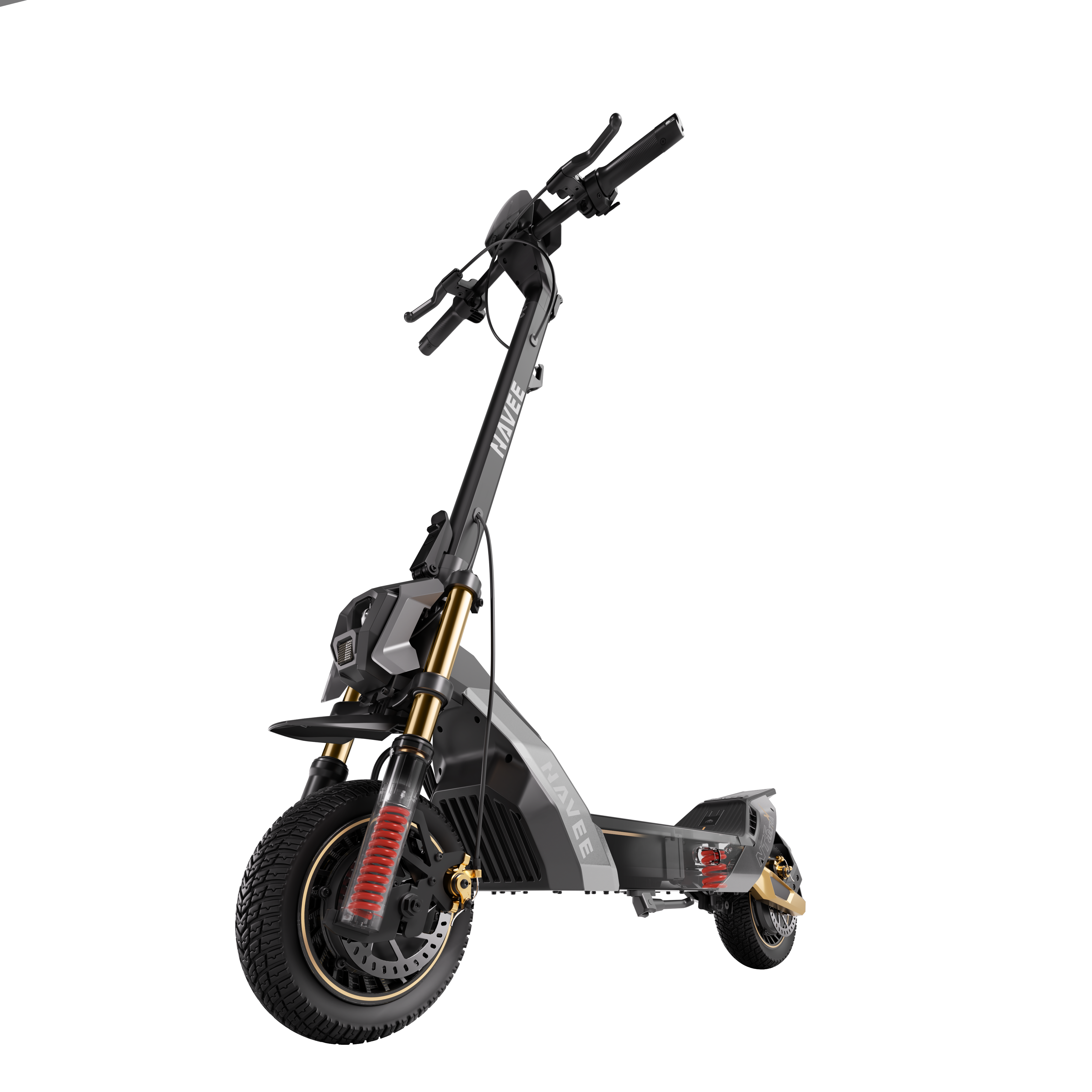 Ein schwarzer E-Scooter mit goldener Federung und roten Federn.