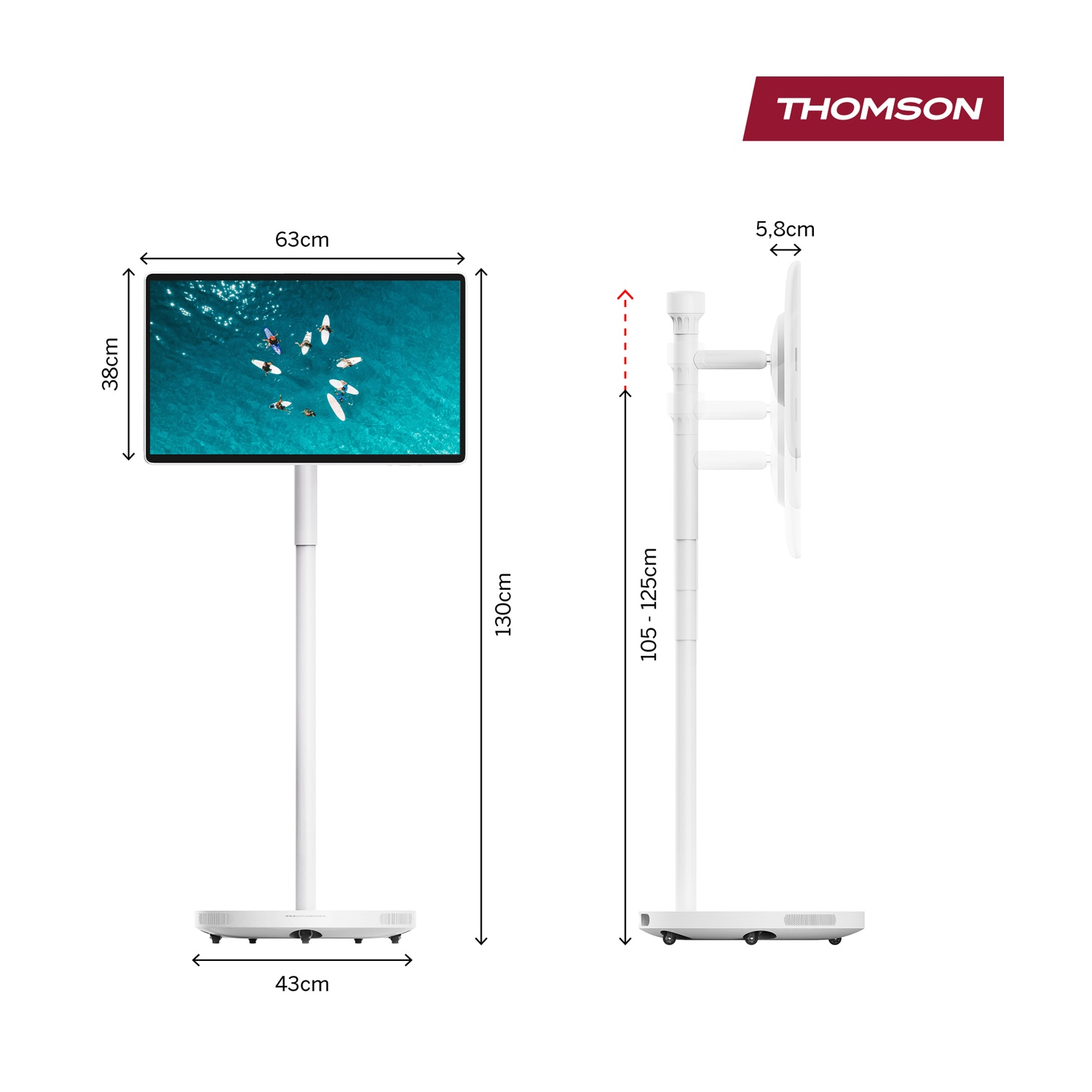 Supporto TV bianco su ruote, alto 130cm, largo 63cm, con logo THOMSON.