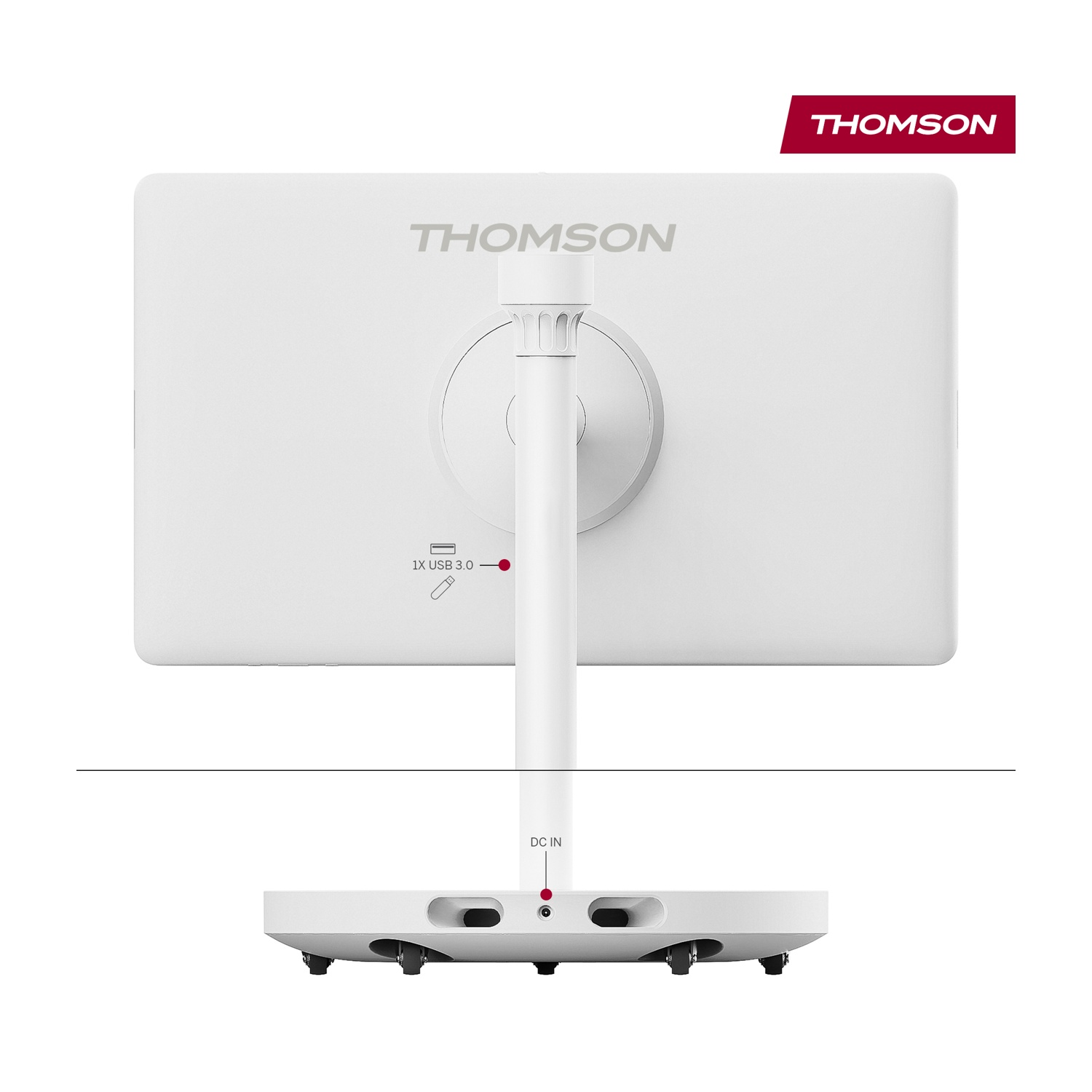 Retro di un monitor Thomson bianco con supporto, porte USB 3.0 e DC IN.