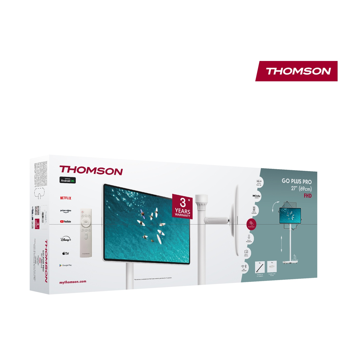 TV Thomson Go Plus Pro 27 pollici FHD su supporto bianco con telecomando.