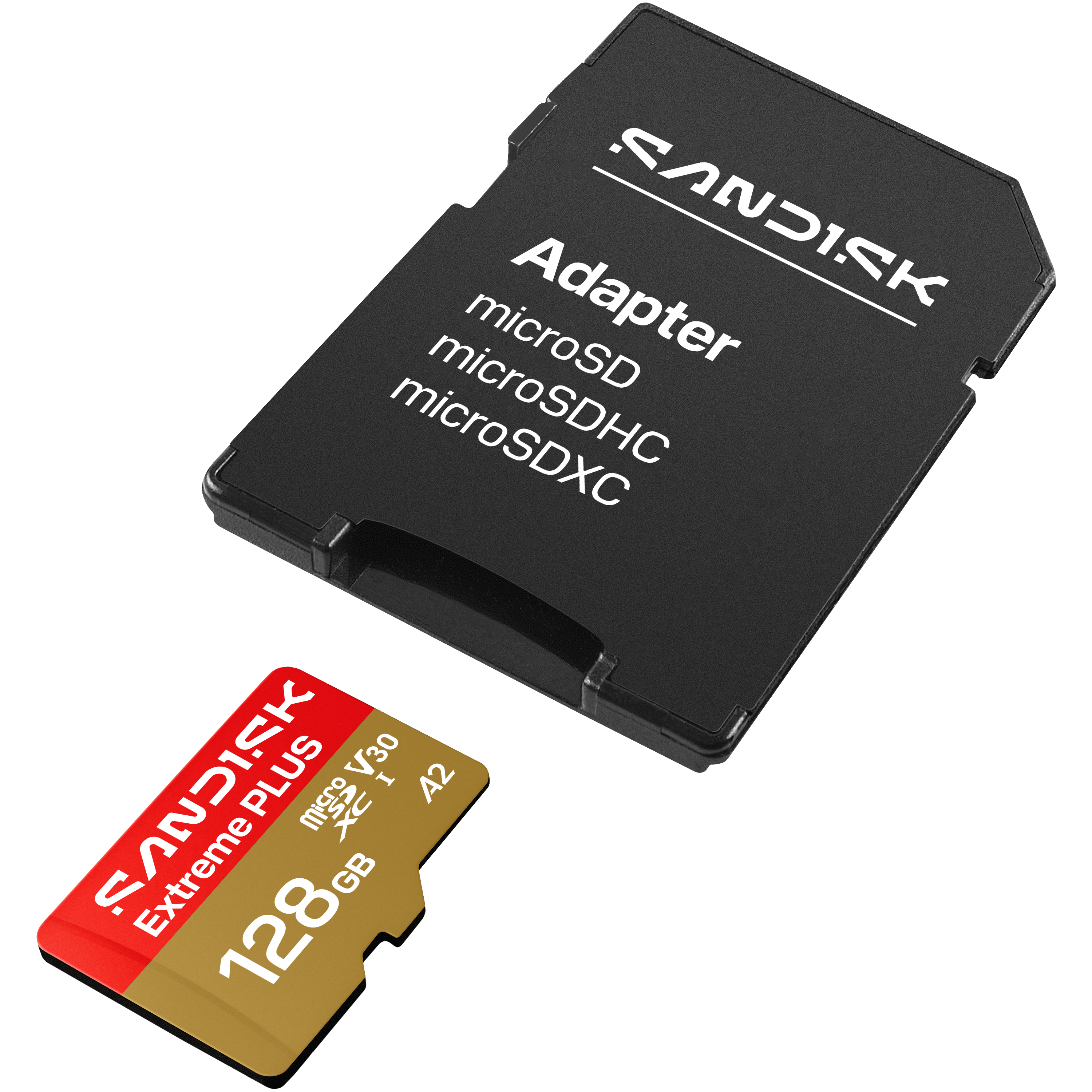 Eine schwarze Adapterkarte und eine goldene microSDXC-Karte von SanDisk liegen auf schwarzem Grund.