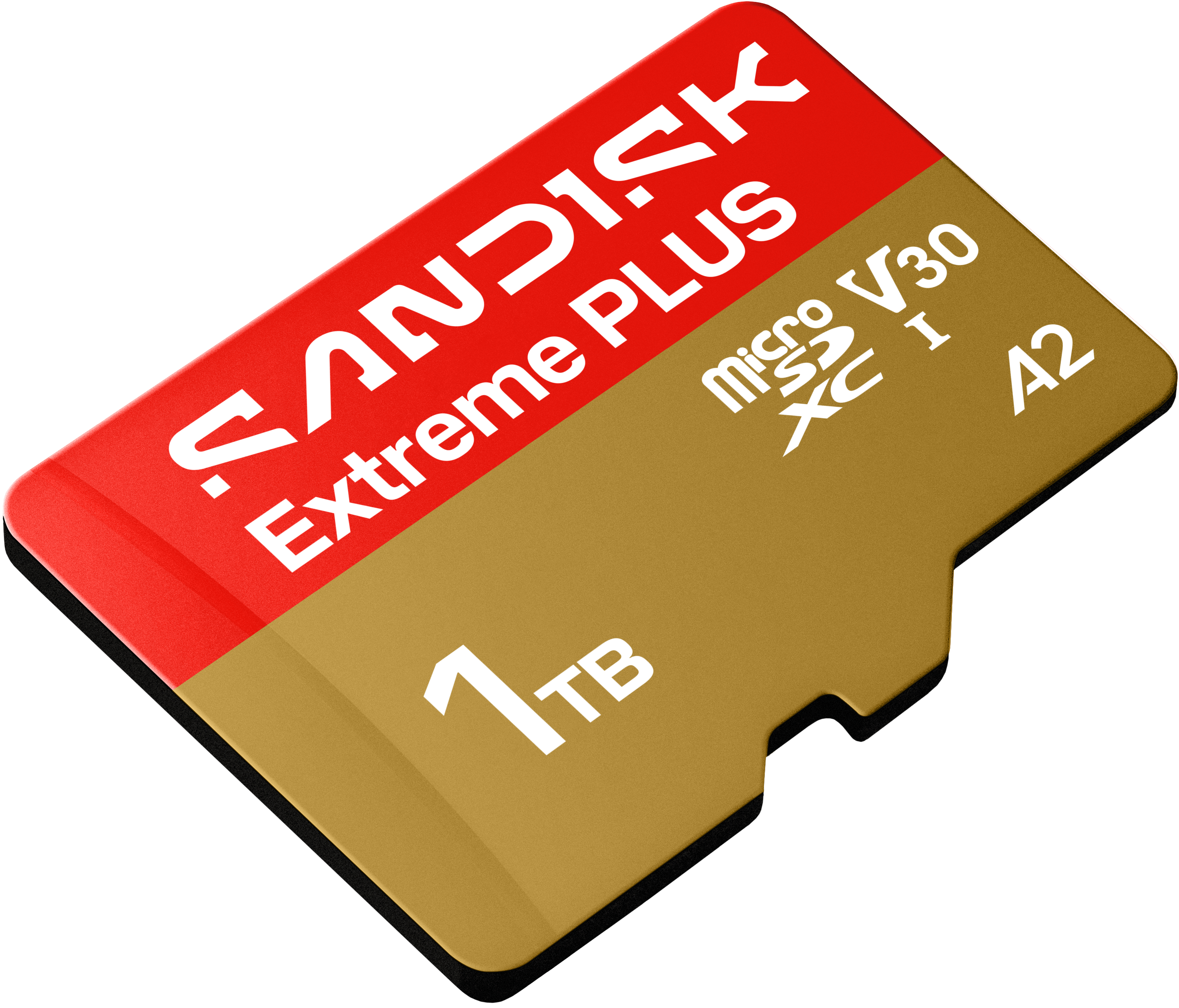 Eine goldene 1TB SanDisk Extreme PLUS microSD-Karte mit rotem Logo.