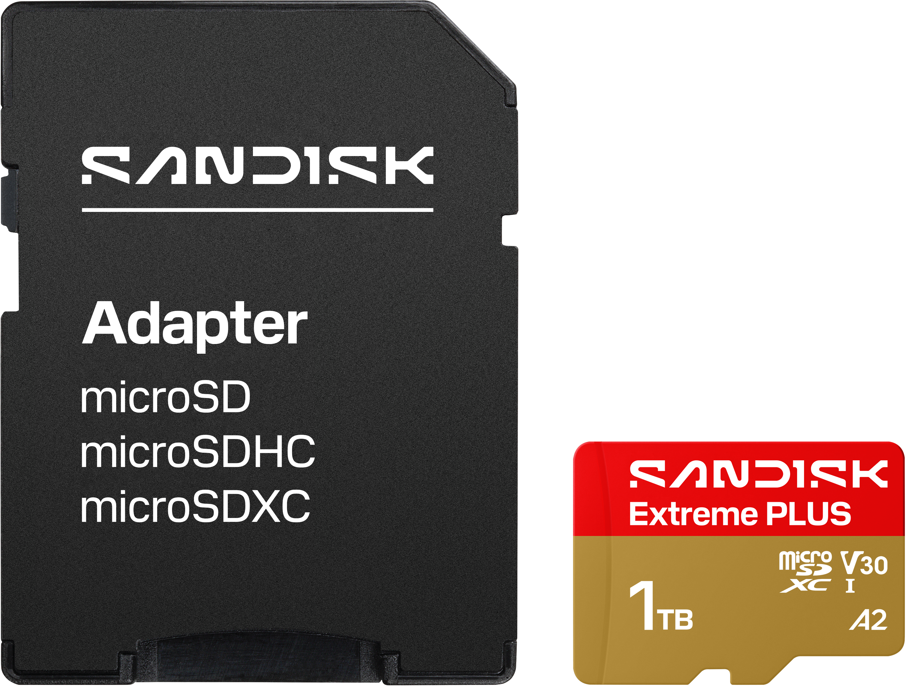 Sandisk Adapter und 1TB microSDXC Speicherkarte mit V30 A2 Klassifizierung.