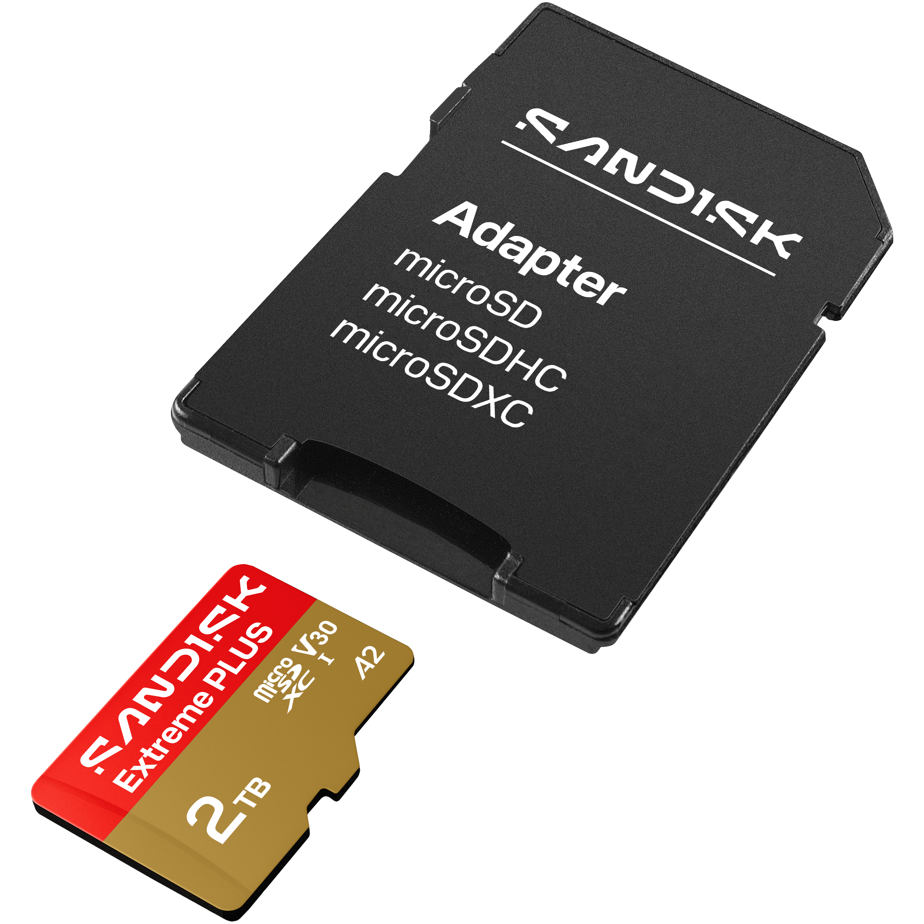 Ein schwarzer Adapter und eine goldene microSDXC-Karte von SanDisk.