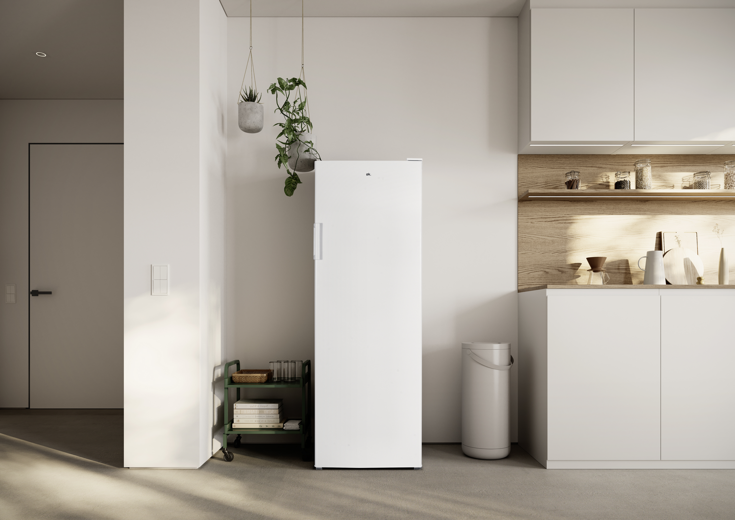 Una cocina blanca con plantas colgantes, refrigerador y gabinetes.