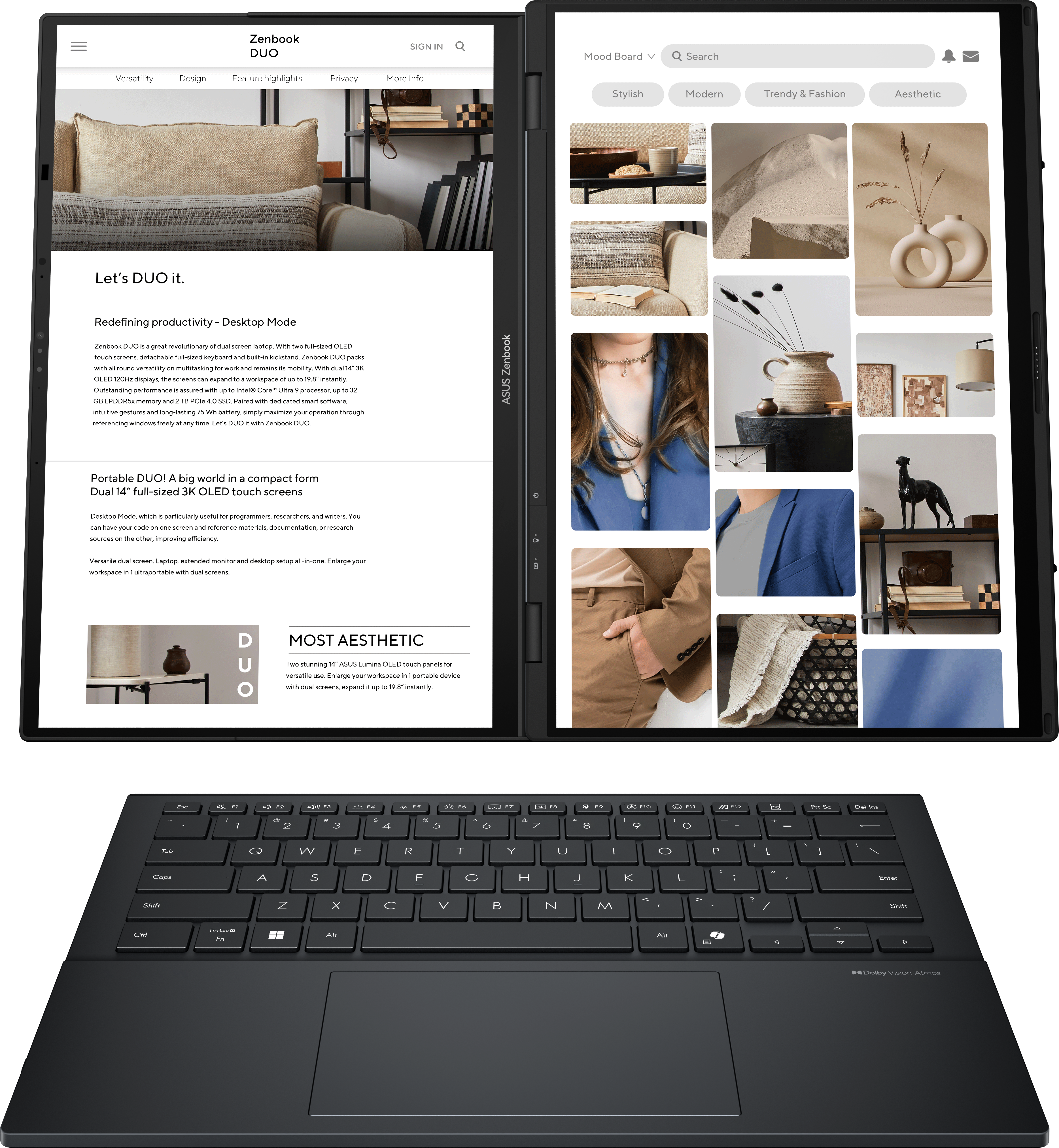 Ein schwarzer Laptop mit zwei Bildschirmen und einer Tastatur. Oben sind Bilder.