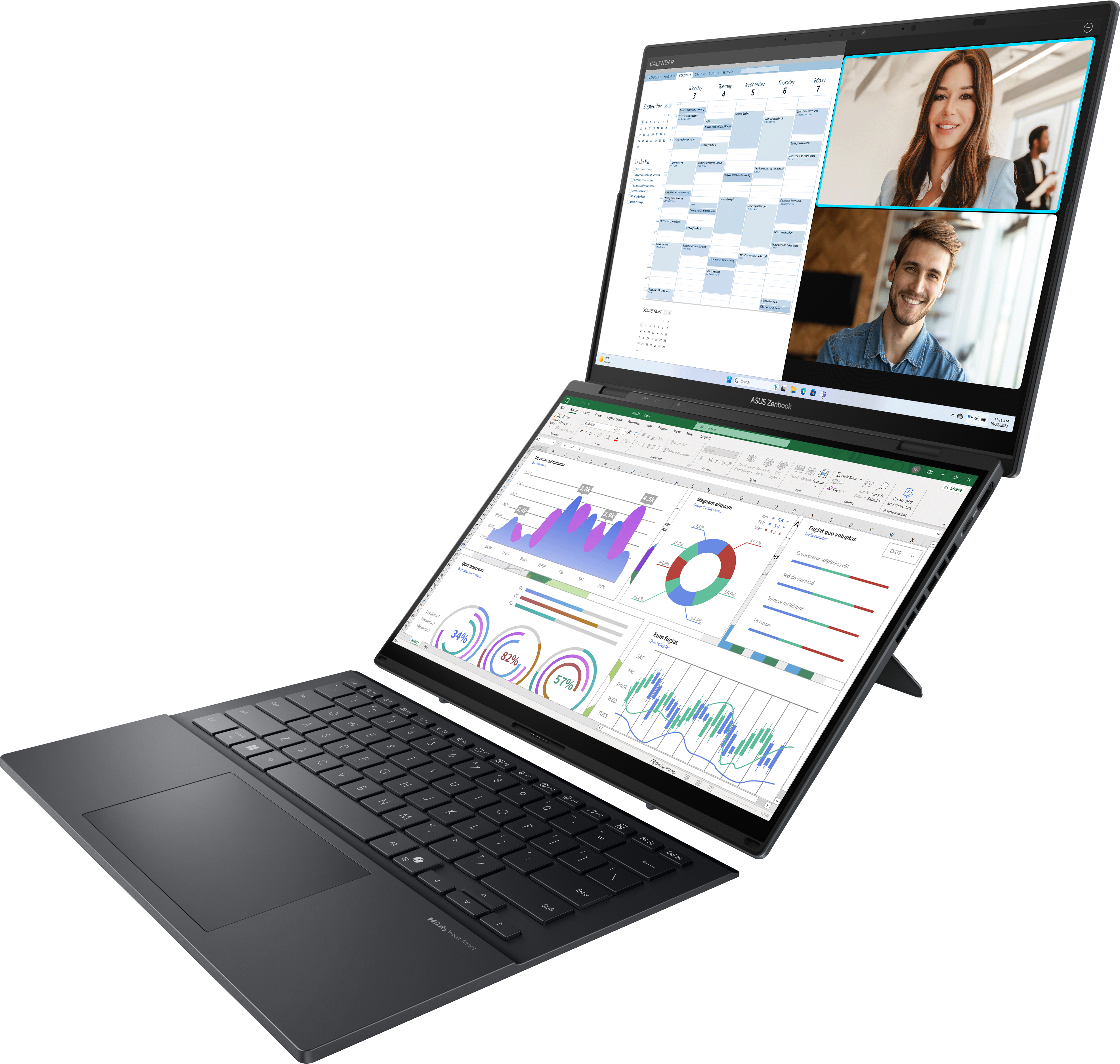 Ein offener Laptop zeigt Kalender, Tabellen und Videokonferenzen mit zwei Personen.