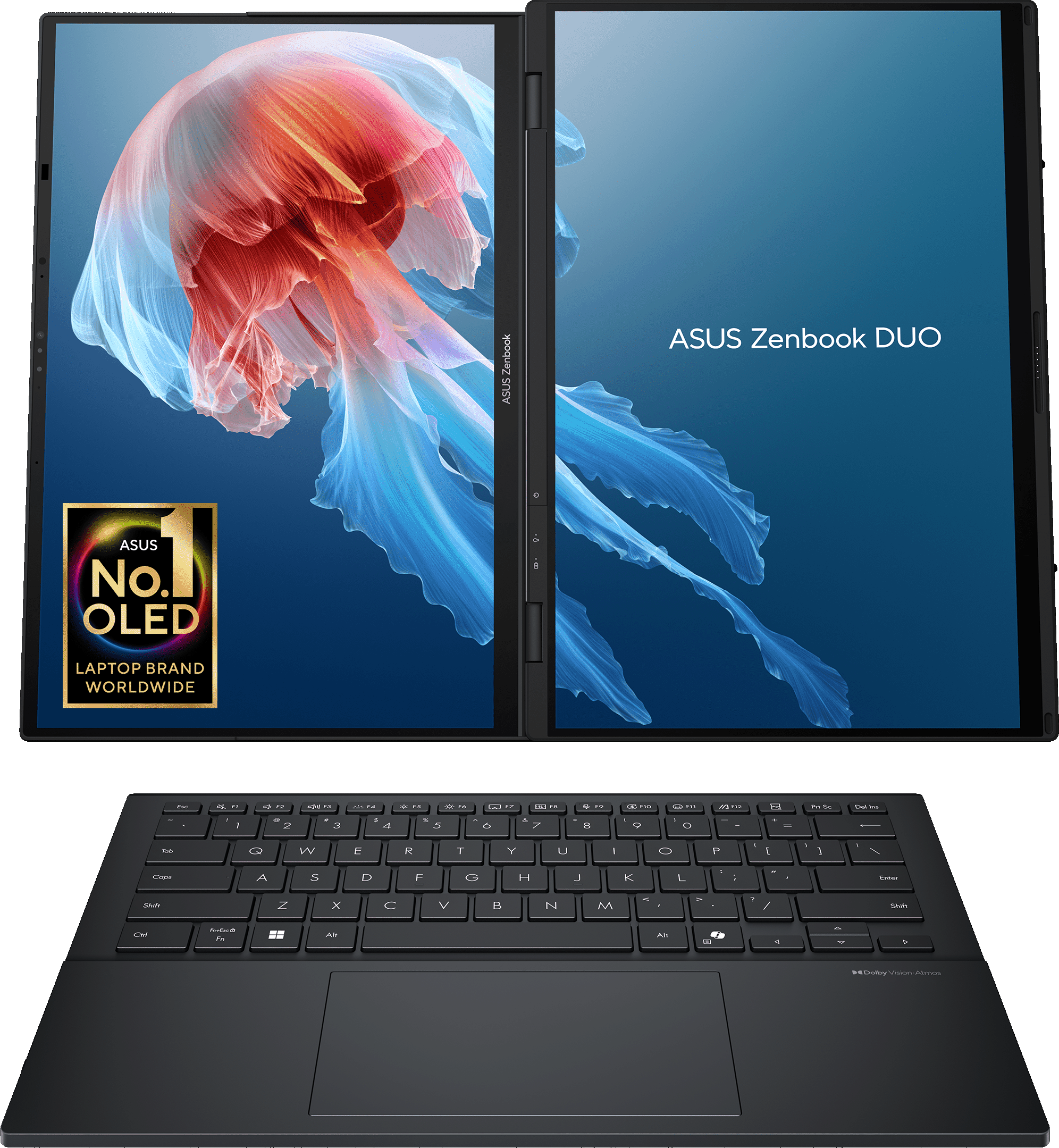 Ein ASUS Zenbook Duo Laptop mit zwei Bildschirmen, Tastatur und einem OLED-Logo.