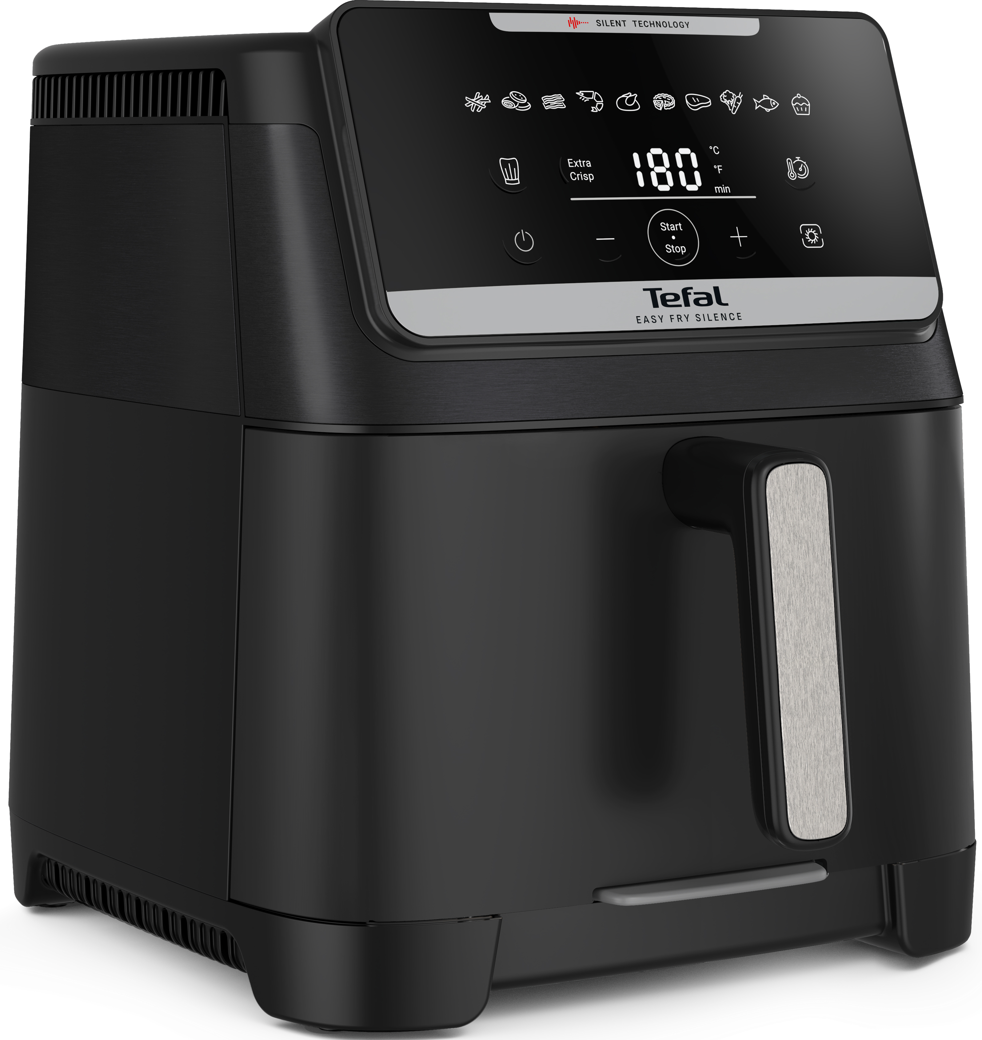 Schwarzer Tefal Heißluftfritteuse mit digitalem Display und Griff.