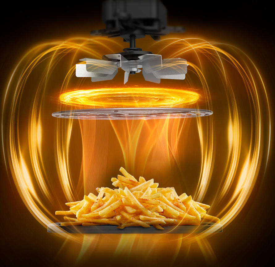 Ein Lüfter erzeugt heiße Luft über einem Teller Pommes Frites.