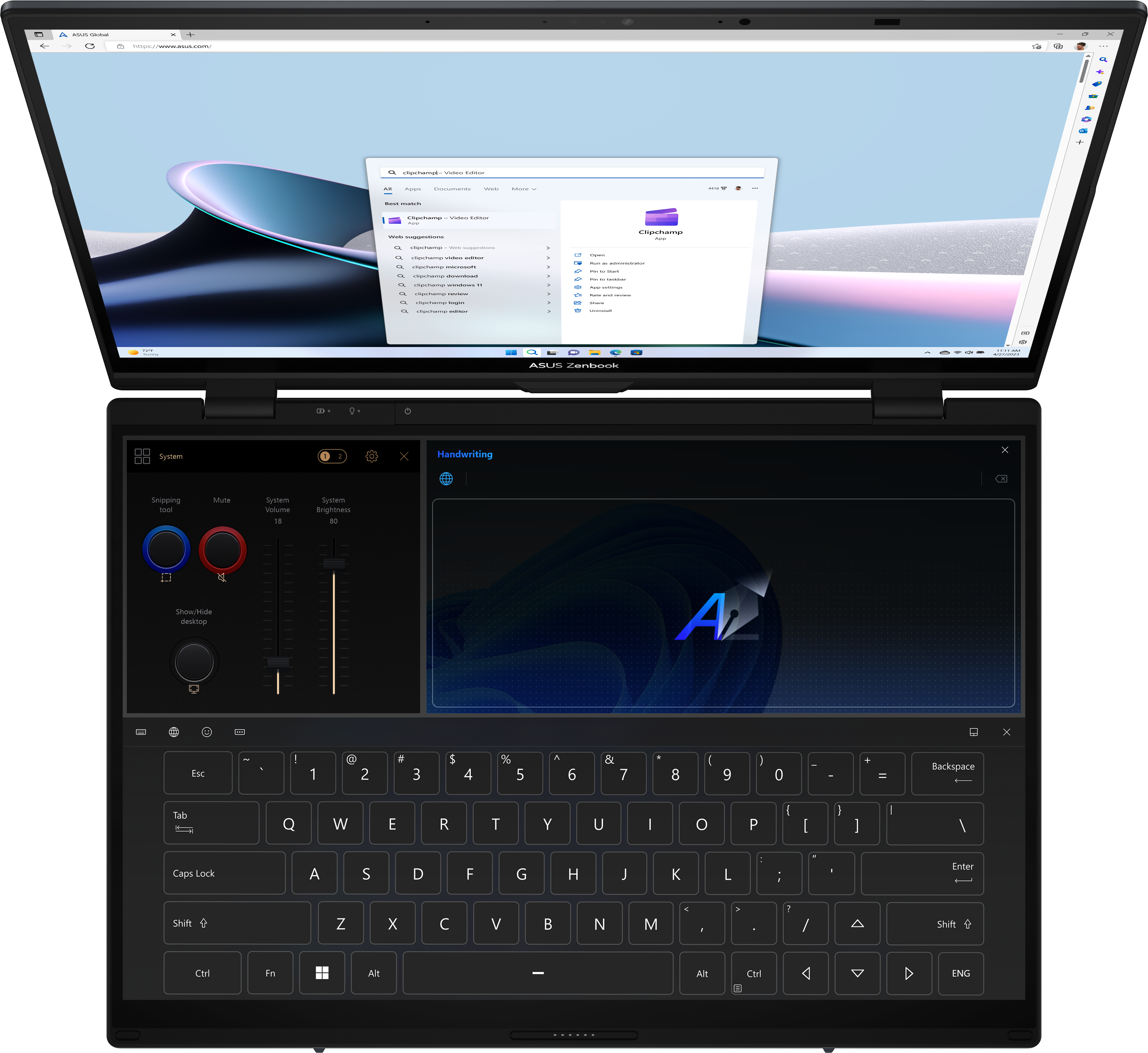 Ein ASUS Zenbook mit zwei Bildschirmen zeigt die Clipchamp-App und das Systemsteuerfeld.