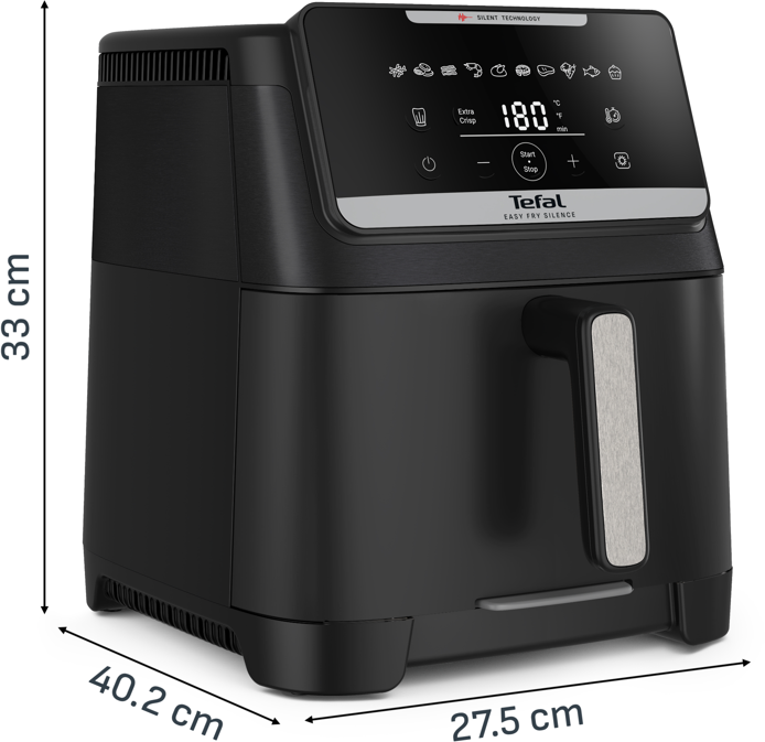 Schwarzer Tefal Heißluftfritteuse mit digitalem Display und Griff.