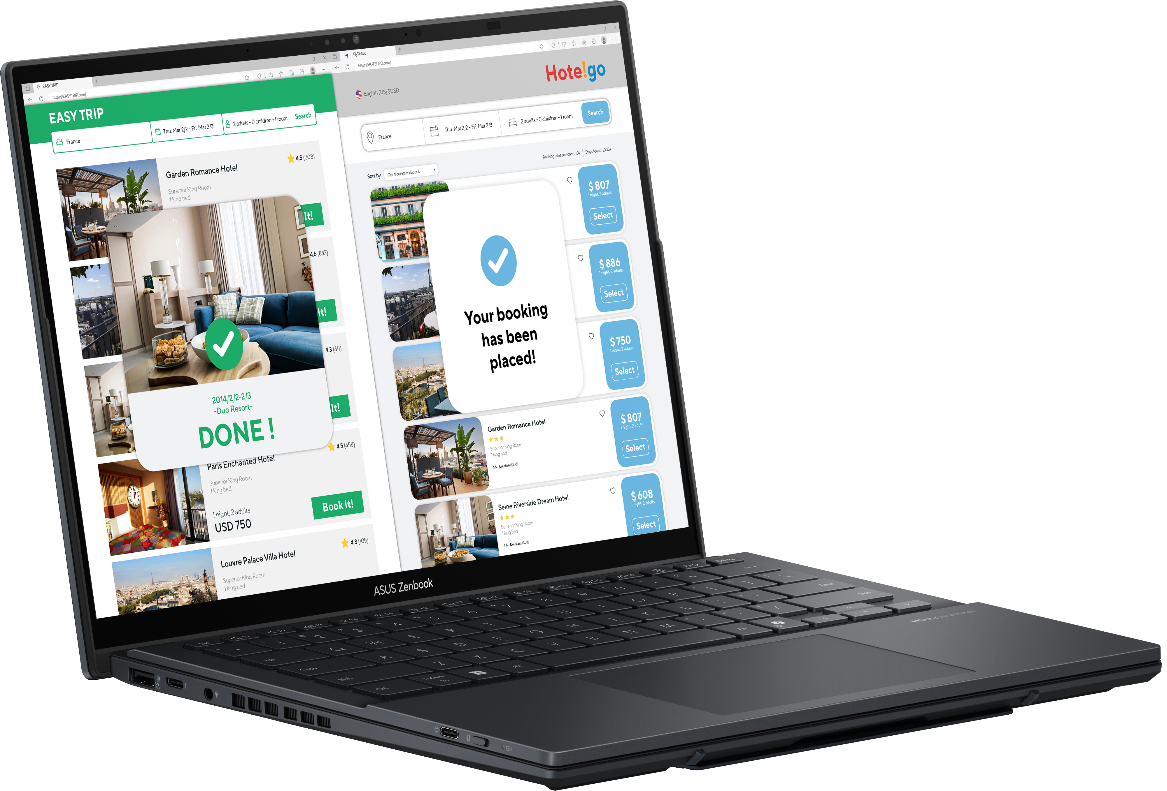 Laptop zeigt Hotelbuchungsbestätigung auf zwei Websites.