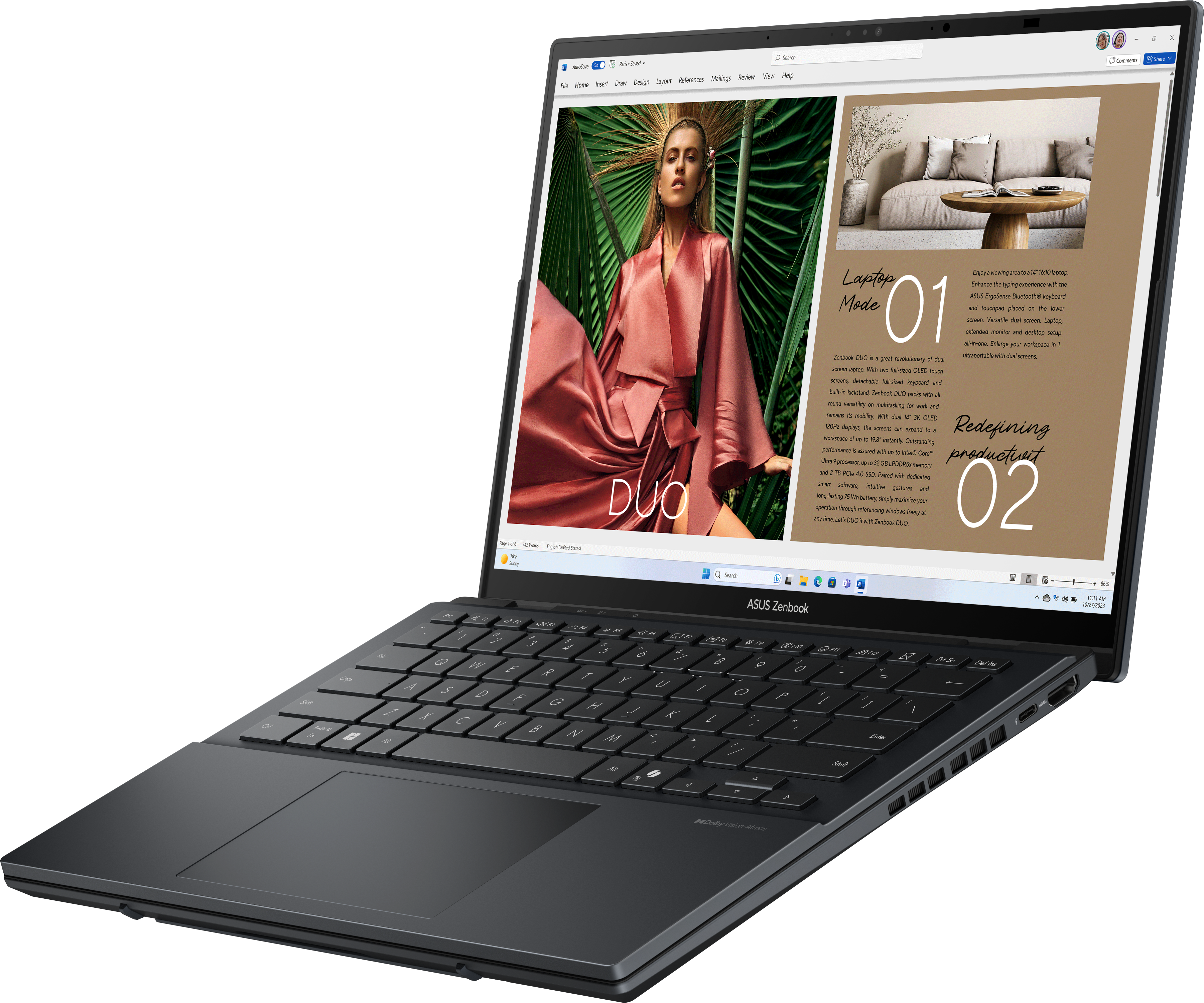 Ein ASUS Zenbook Laptop mit zwei Bildschirmen, Tastatur und Text.