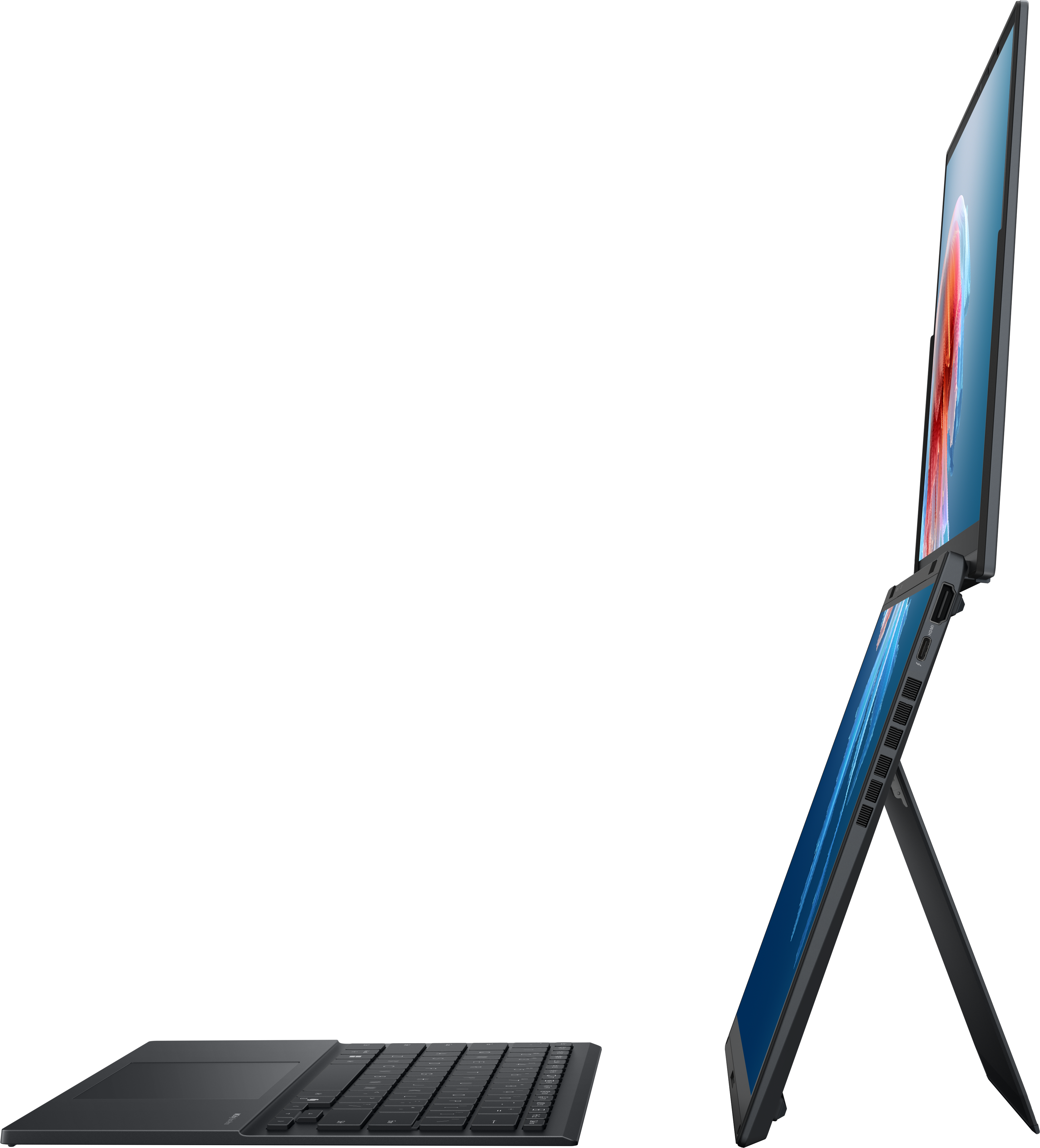 Ein schwarzer Convertible-Laptop wird in dunkler Umgebung gezeigt. Der Bildschirm zeigt abstrakte Kunst.