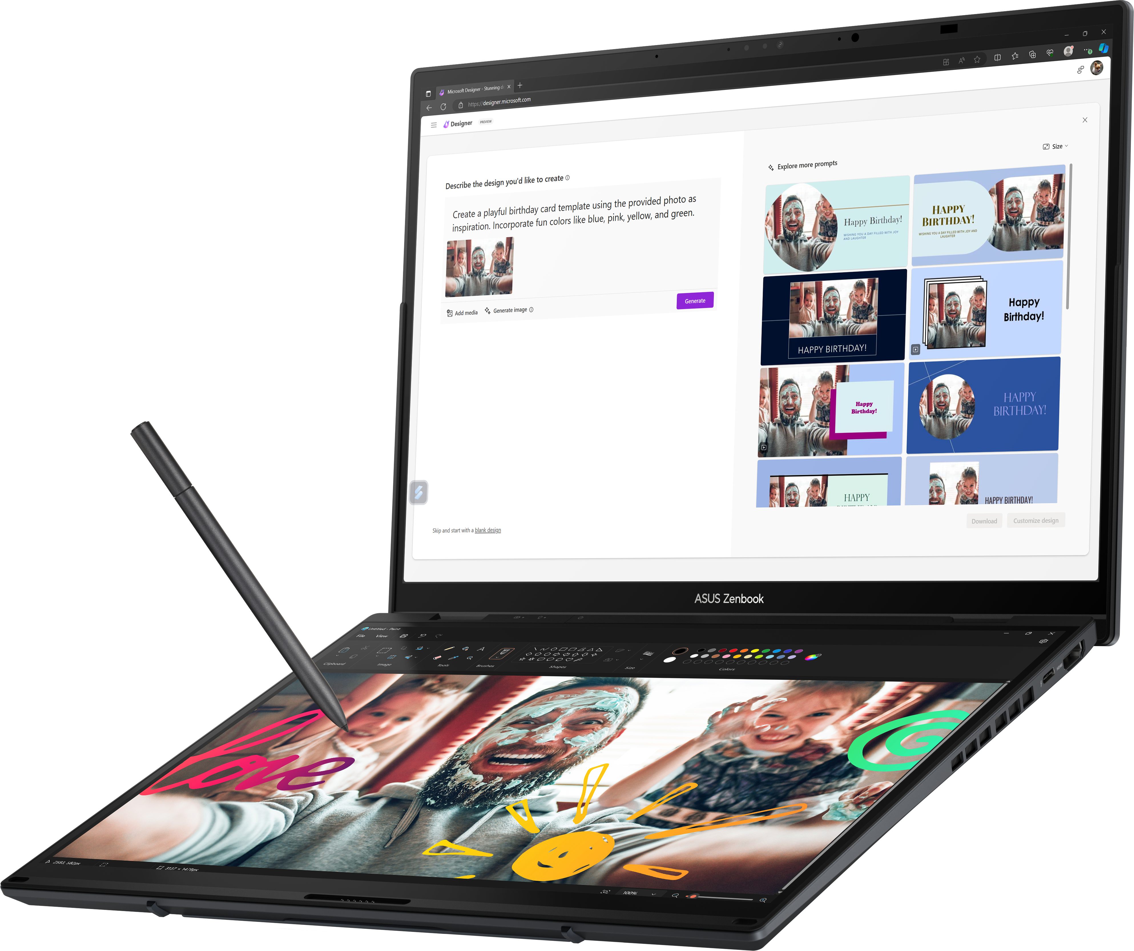 Ein Laptop zeigt eine Design-App mit einem Foto von einem Mann und einem Kind.