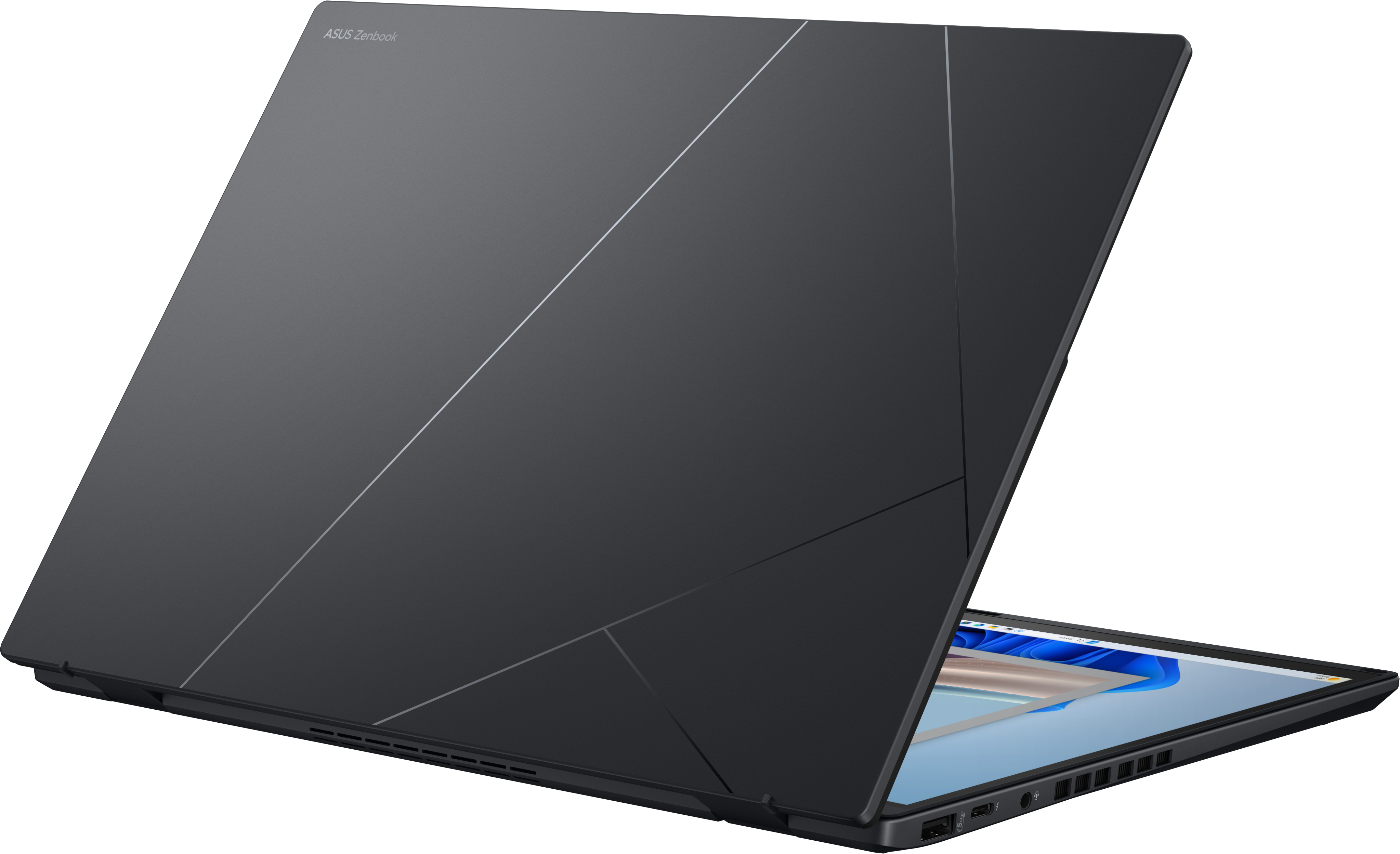 Ein dunkler Asus Zenbook Laptop ist geöffnet, mit Linien auf dem Deckel.