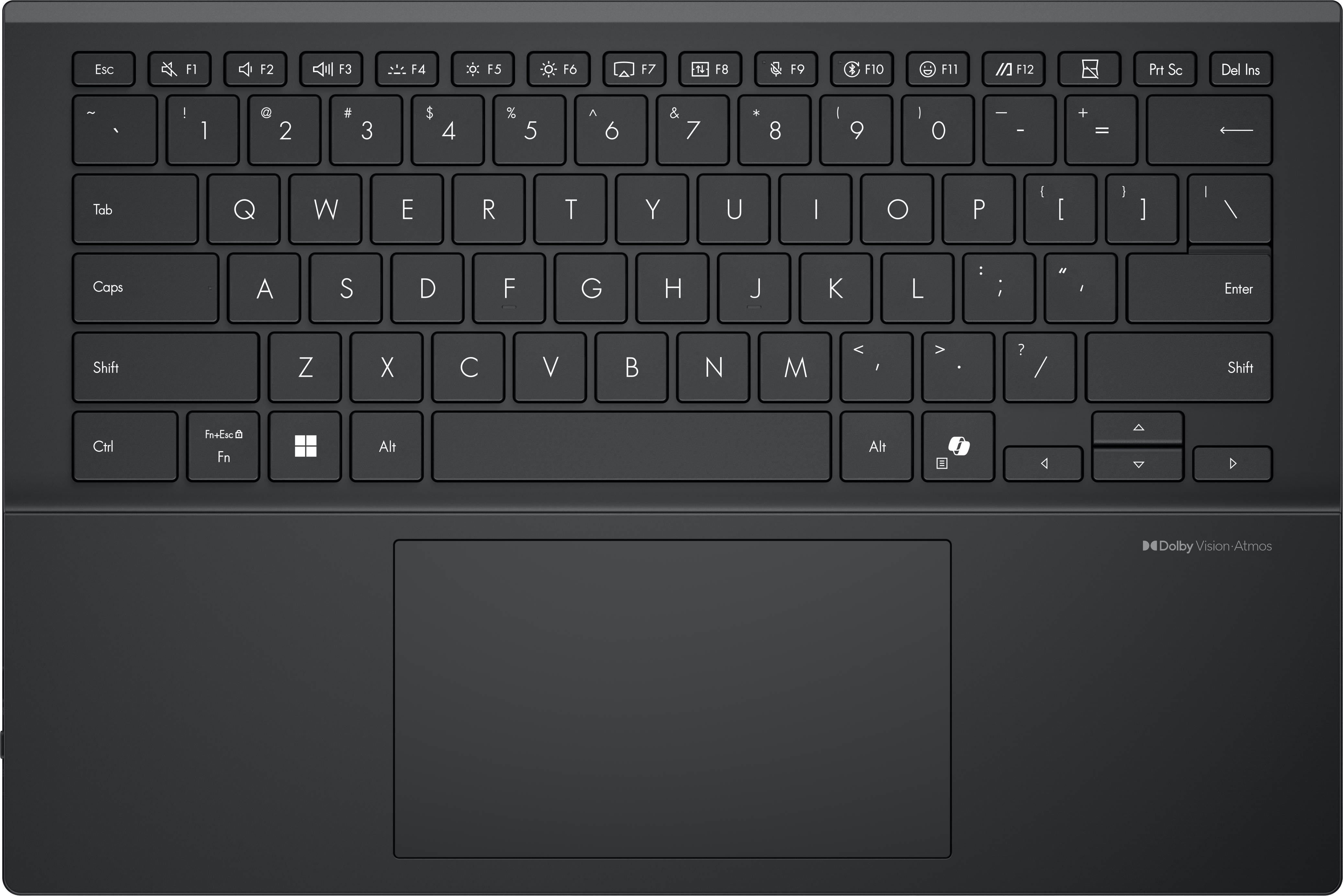 Dunkelgraues Laptop-Keyboard mit Touchpad und Dolby Vision Atmos Logo.