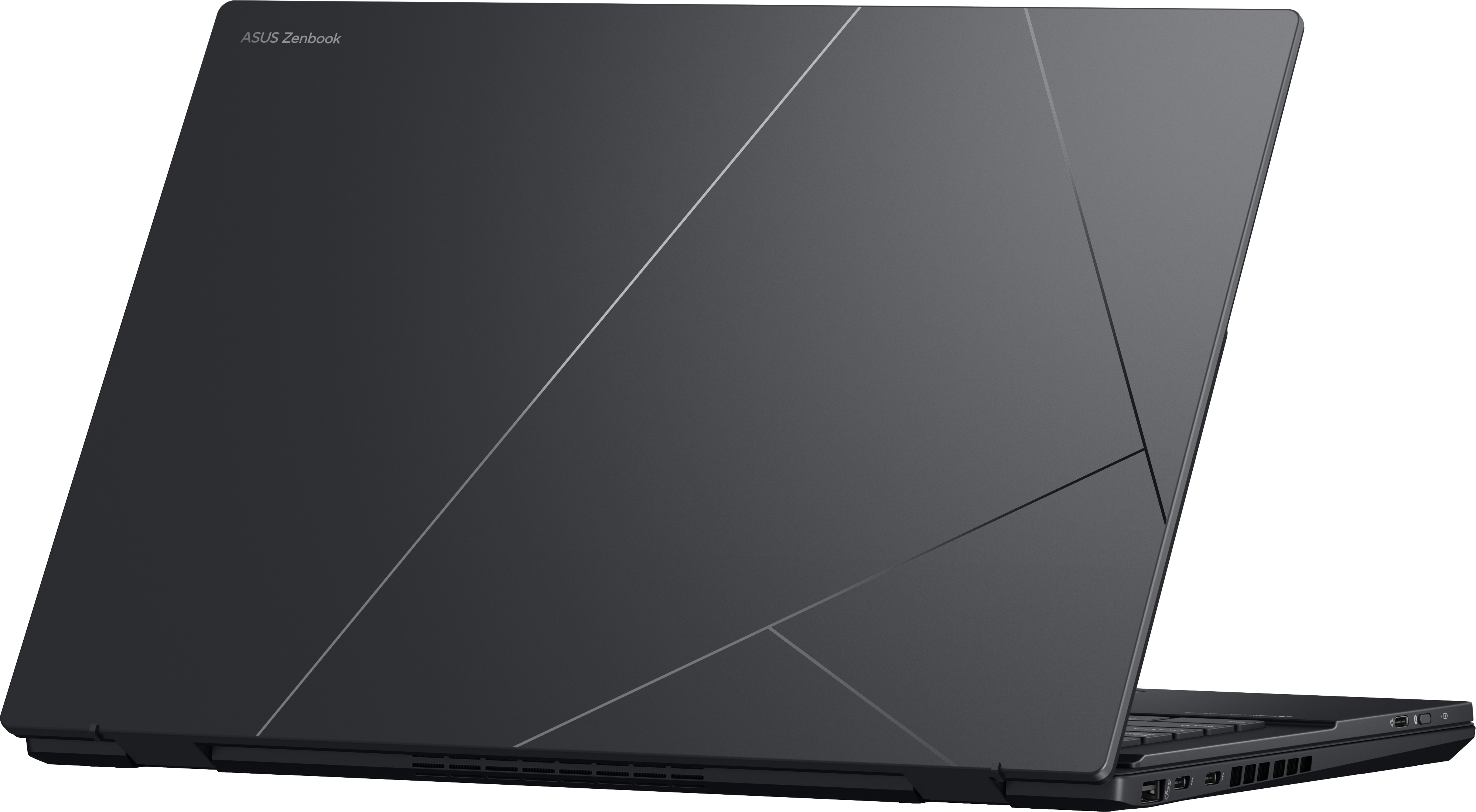 Ein geschlossener, dunkler Laptop mit ASUS Zenbook Schriftzug und geometrischen Linien.