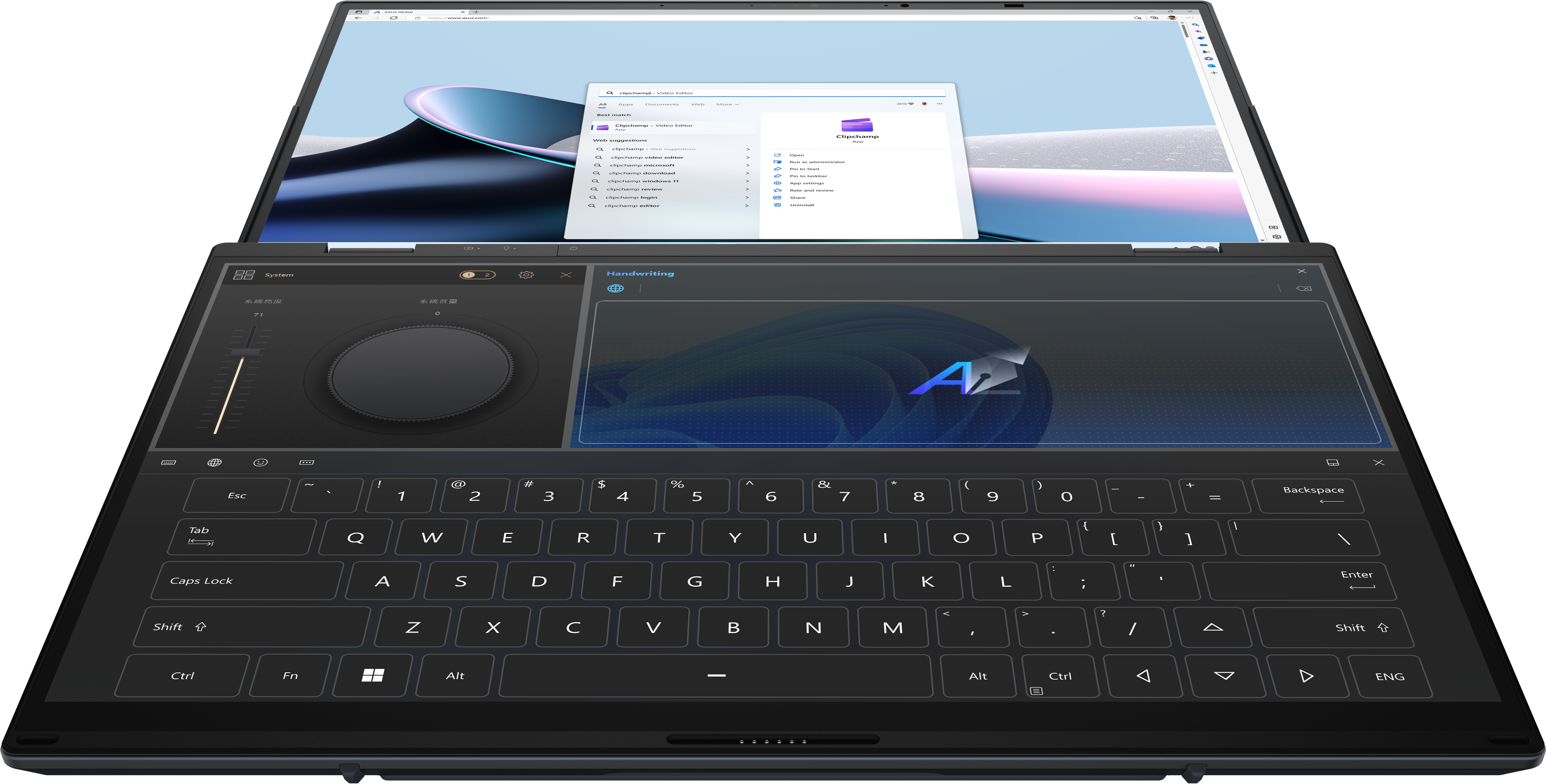 Ein offenes Laptop mit zwei Bildschirmen, Tastatur und einem Audiosteuerungselement.
